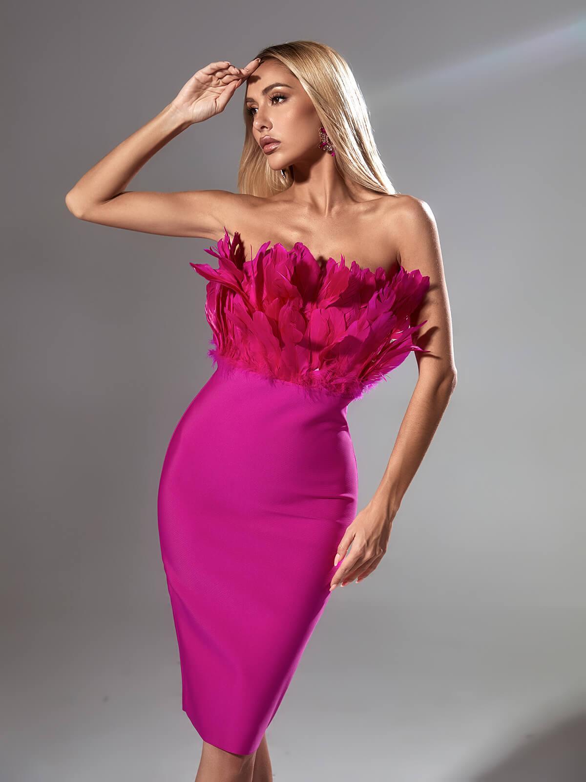 Feather Strapless Bandage Midi Dress
