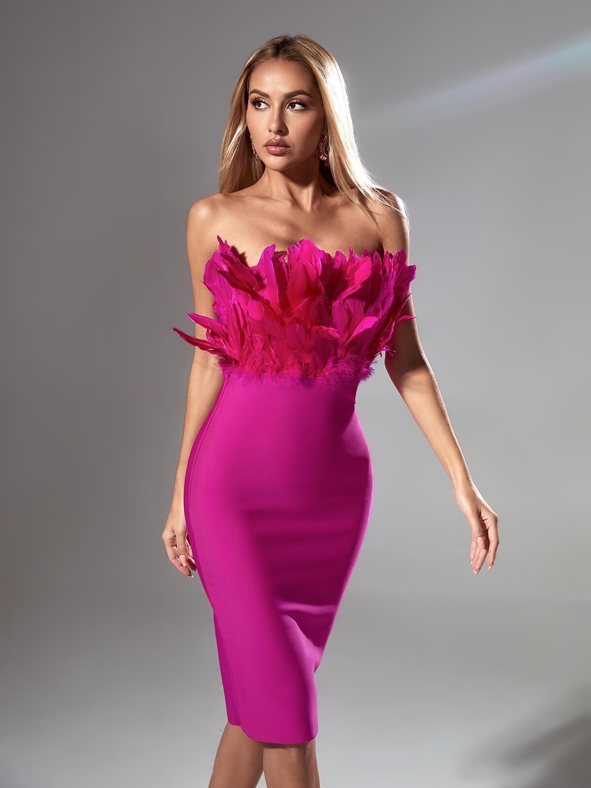 Feather Strapless Bandage Midi Dress