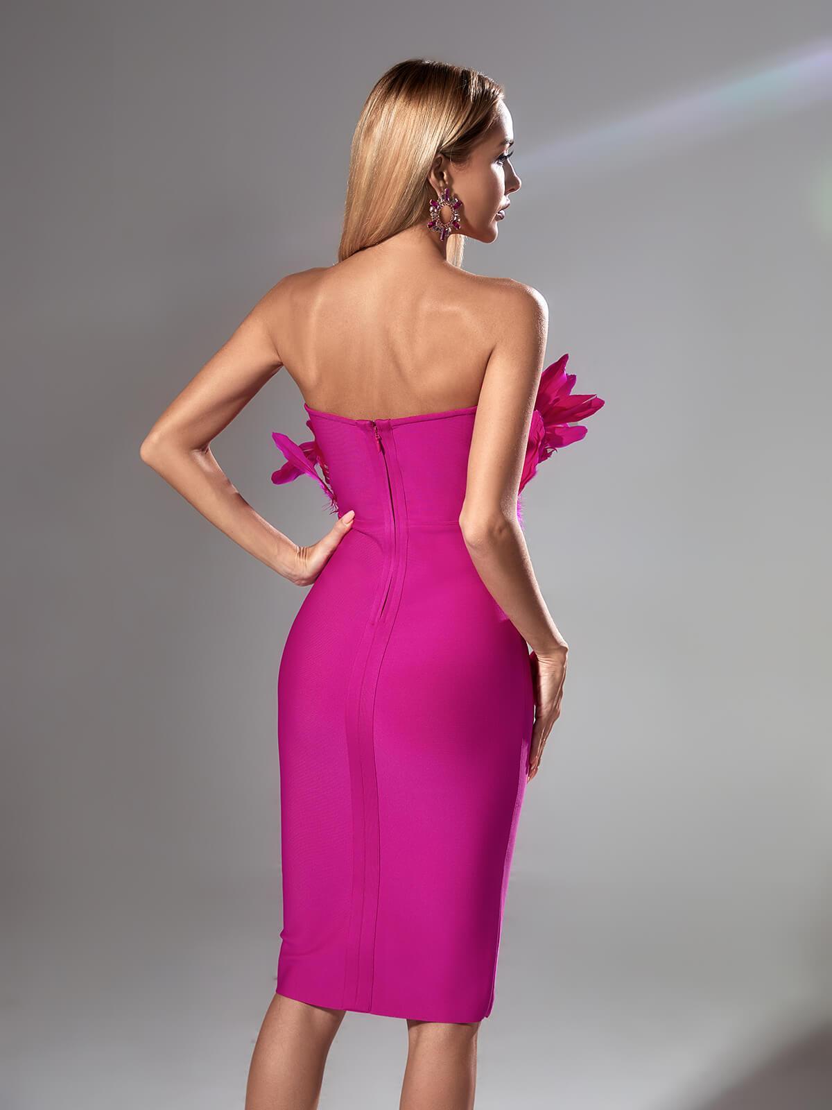 Feather Strapless Bandage Midi Dress