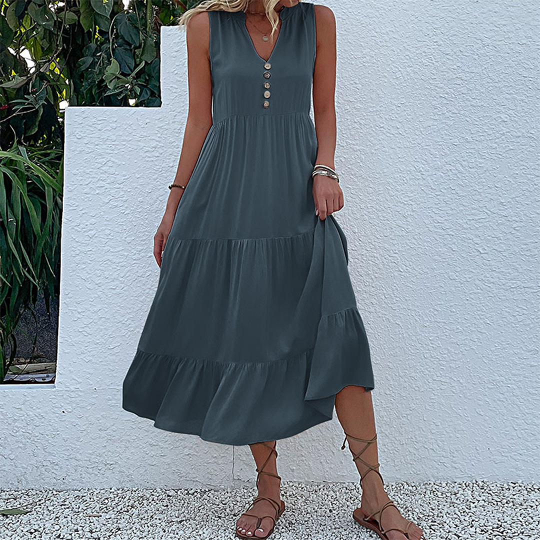 Sleeveless V-Neck Button Front Tiered Babydoll Midi Summer Dress