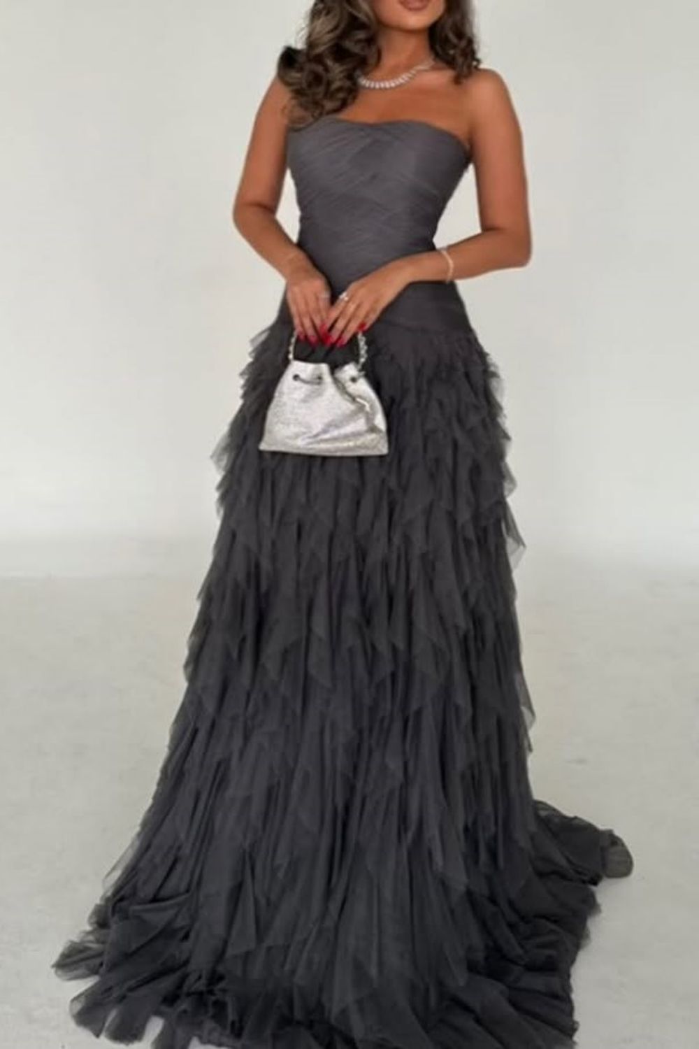Dark Grey Mermaid Strapless Lace Up Long Ruffle Tulle Formal Party Dress