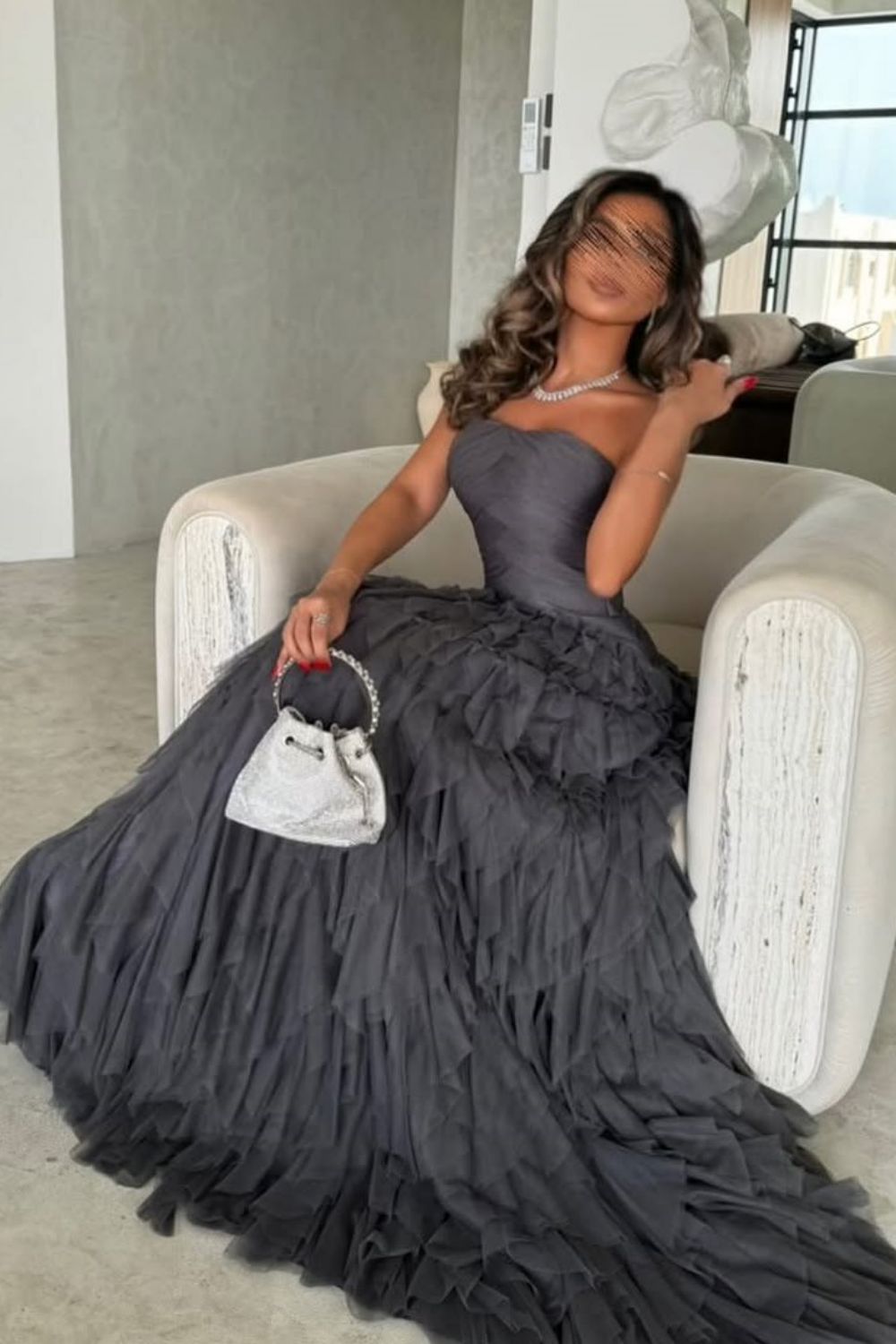 Dark Grey Mermaid Strapless Lace Up Long Ruffle Tulle Formal Party Dress