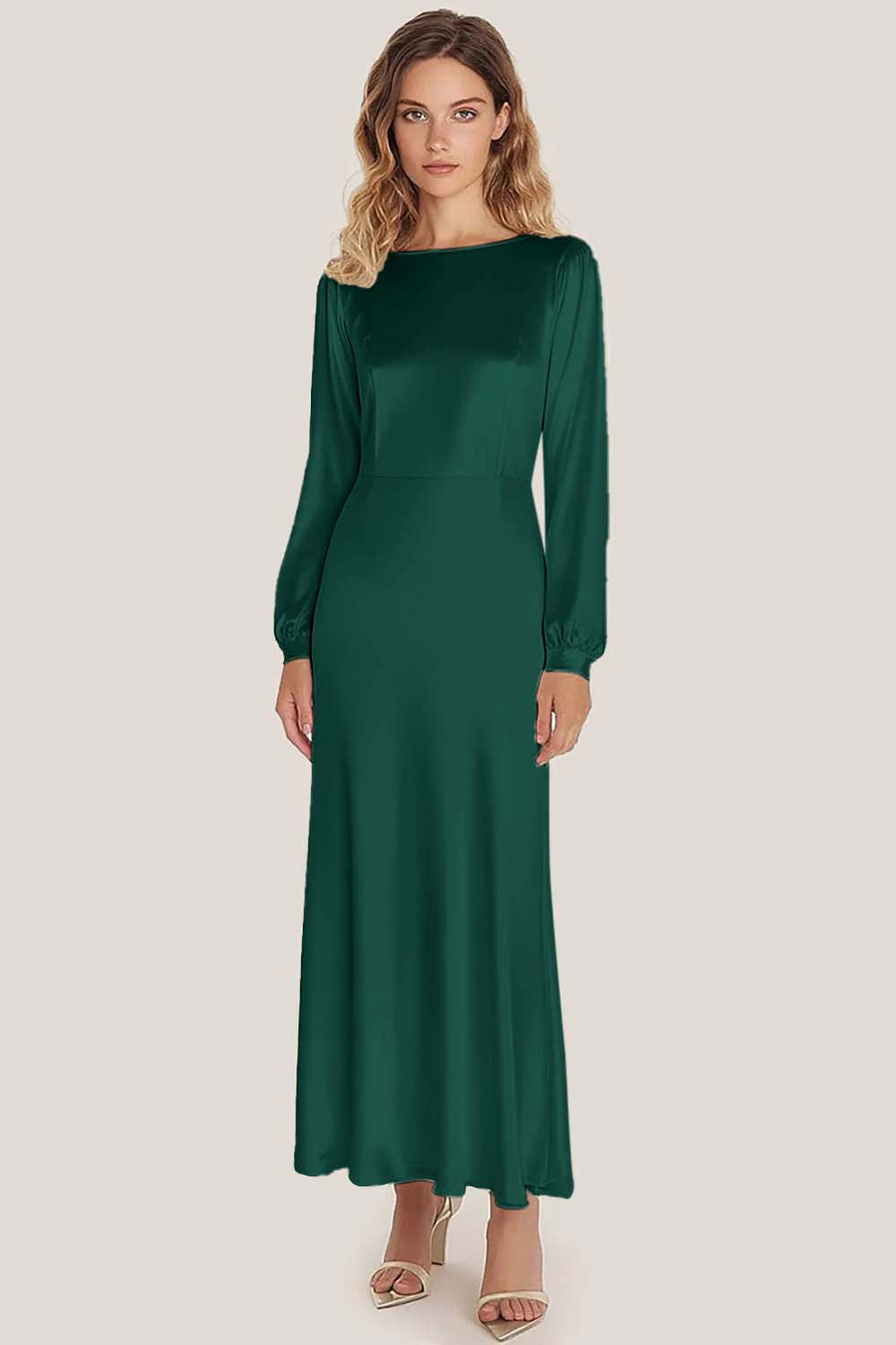 Ivory Satin Scoop Neck A-Line Ankle Length Formal Dress with Long Sleeves