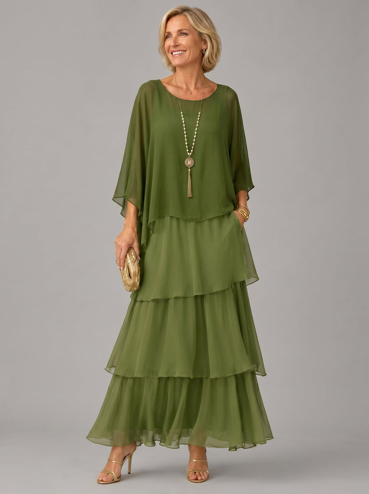 Round Neck Flutter Sleeve Tiered Chiffon Maxi Dress