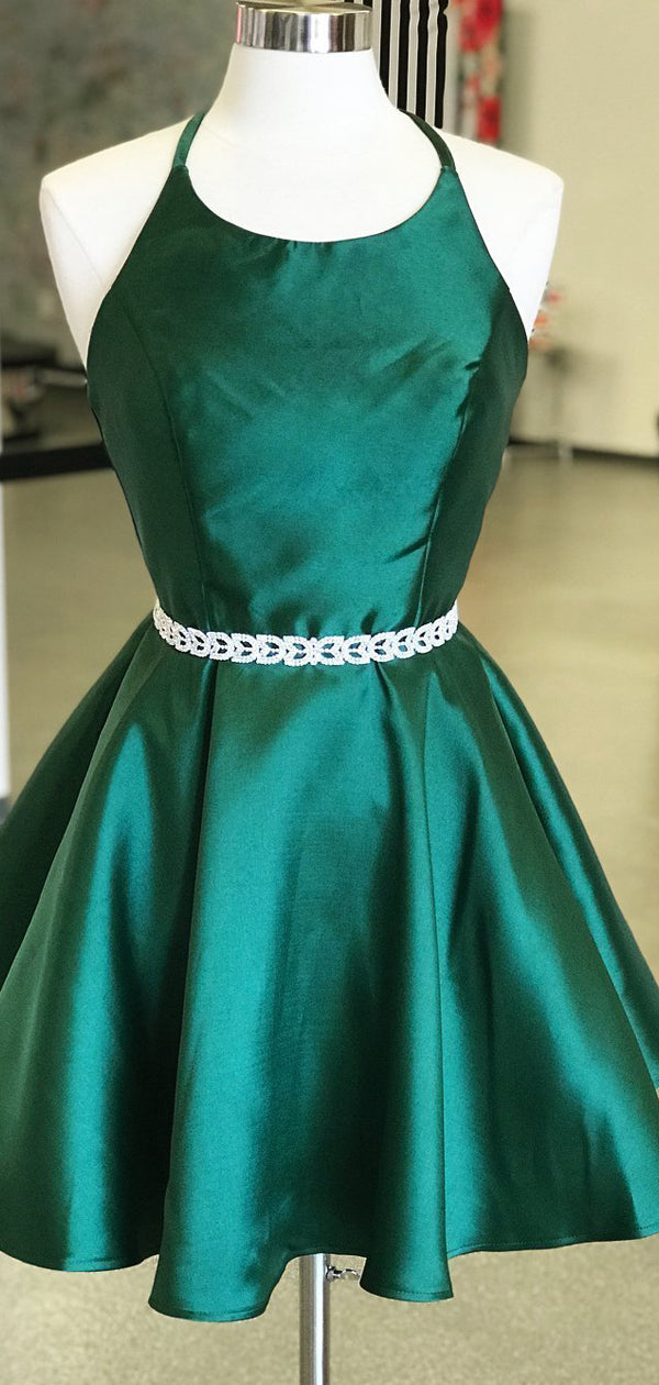 Dark Green Satin Spaghetti Strap Halter Open Back Homecoming Dresses,HD0044