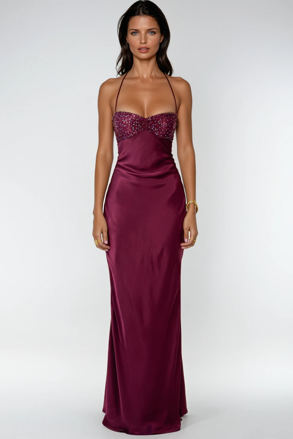 Satin Halter Neck Beaded Sweetheart Bias Cut Slip Maxi Dress