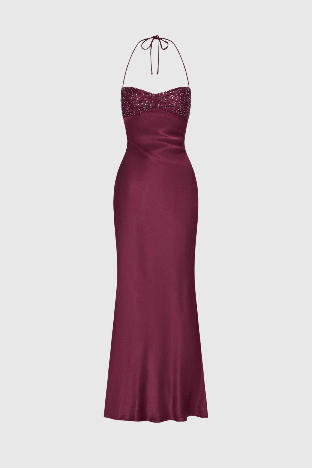 Satin Halter Neck Beaded Sweetheart Bias Cut Slip Maxi Dress