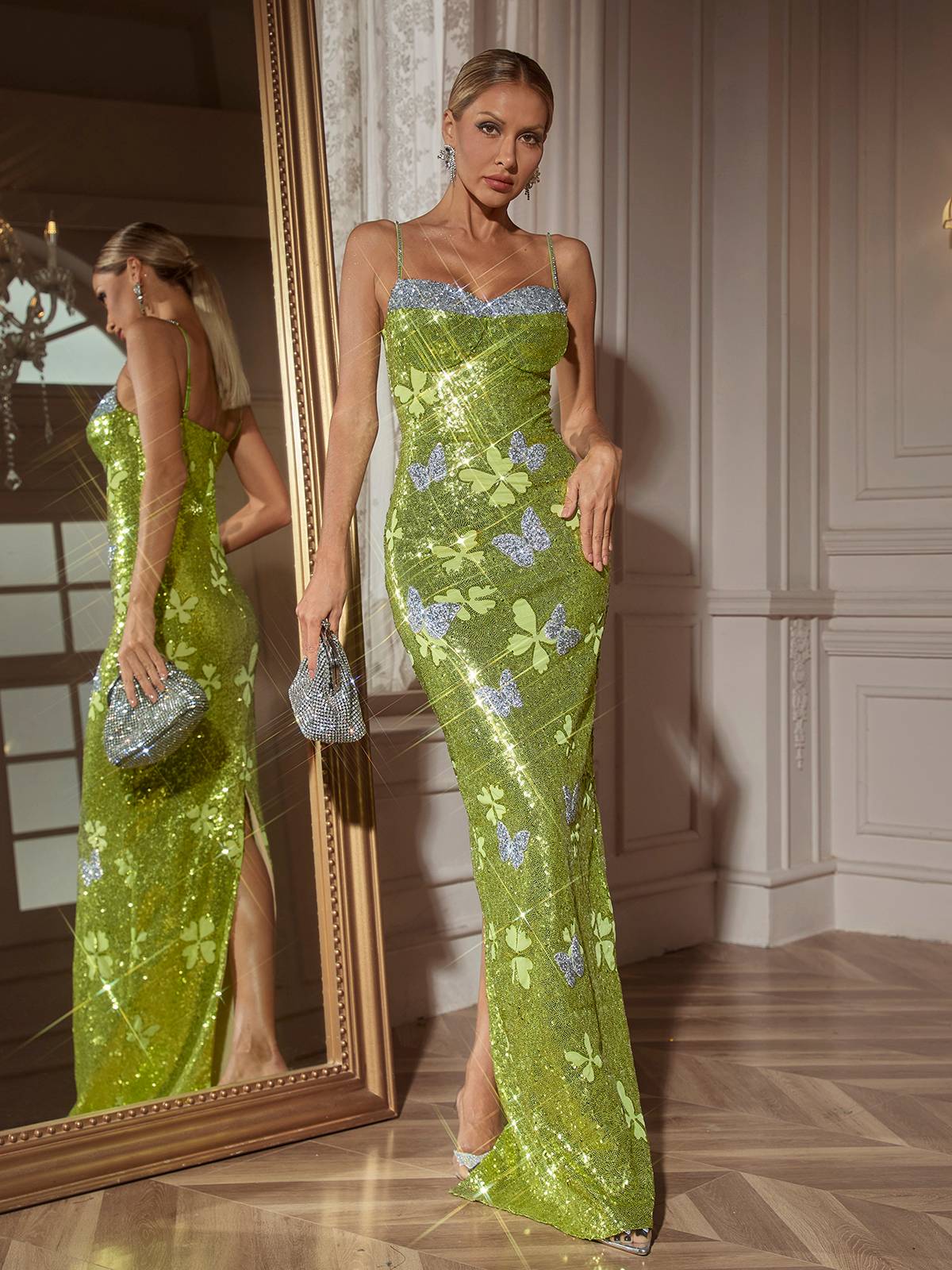 Butterfly Sequin Spaghetti Strap Side Split Maxi Party Dress