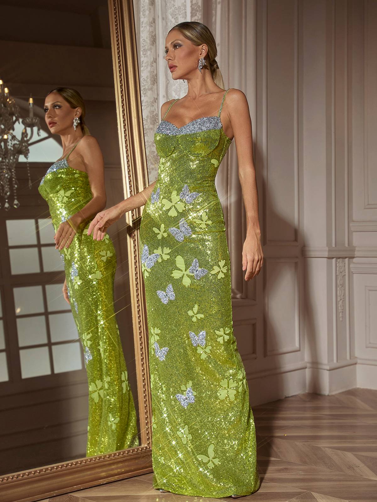 Butterfly Rhinestone Sequin Maxi Dress - View 5