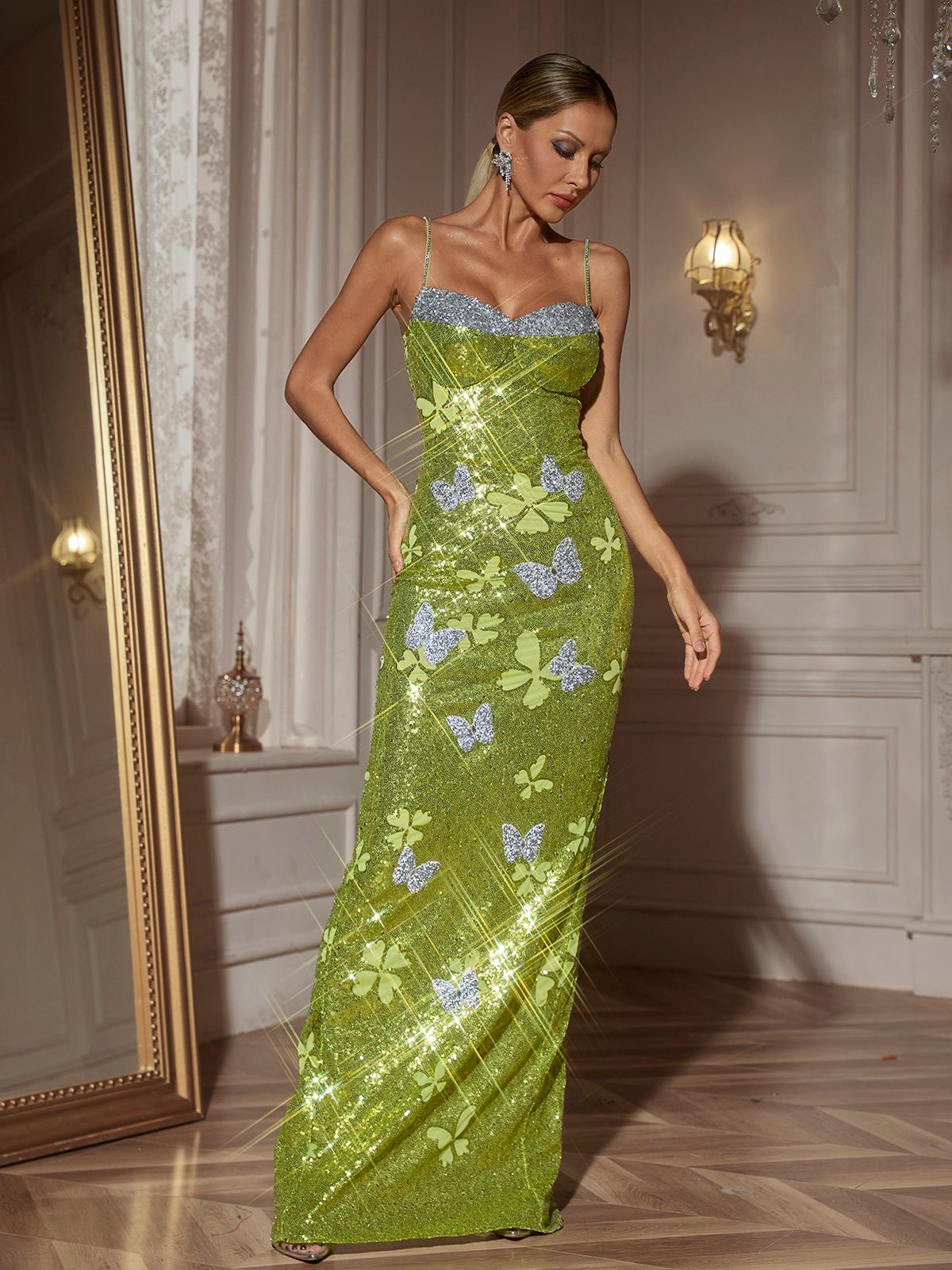 Butterfly Rhinestone Sequin Maxi Dress - View 4