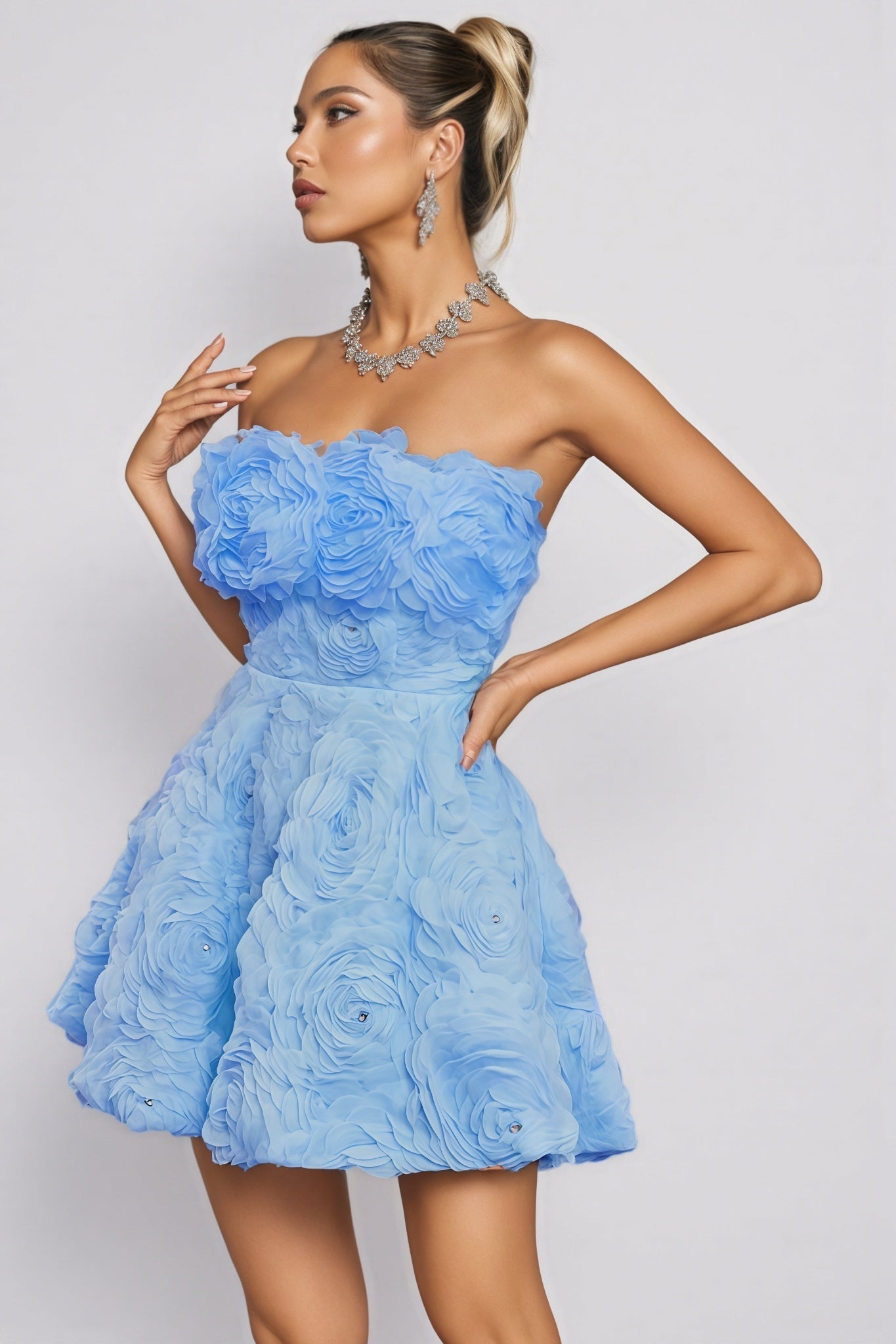 Organza 3D Rose Strapless Fit and Flare Mini Dress