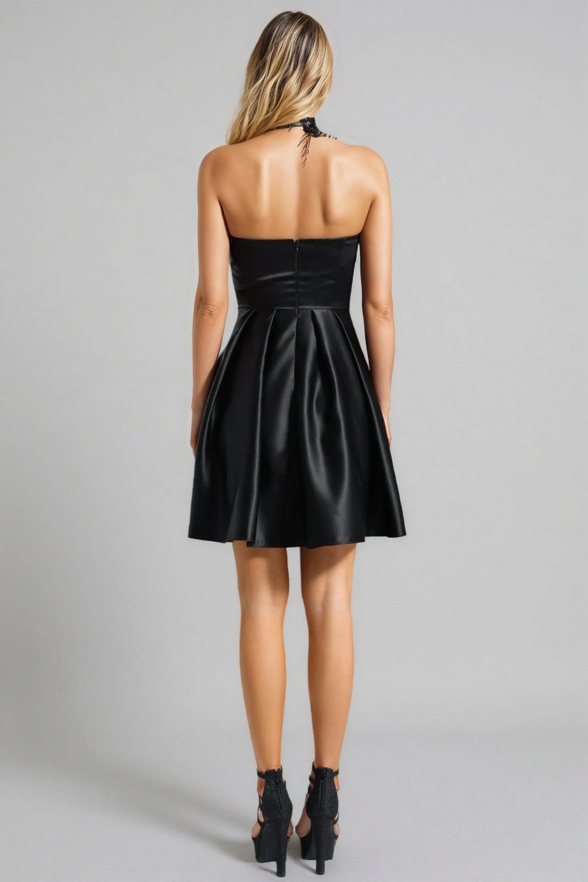 Strapless Satin Pleated Bow Front Fit and Flare Mini Dress 5