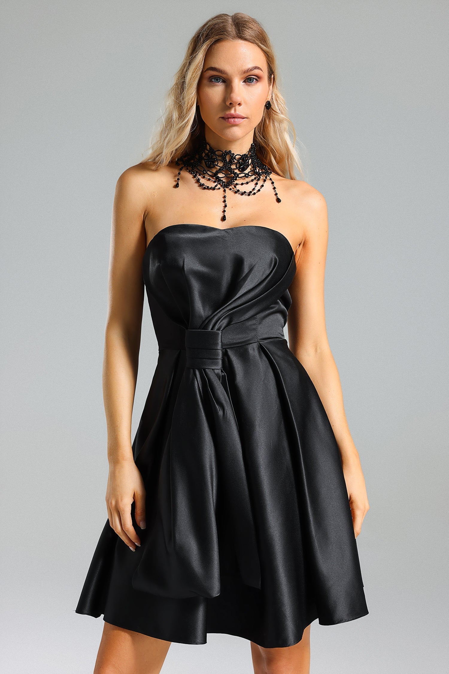 Satin Strapless Sweetheart Belted Fit and Flare Mini Dress