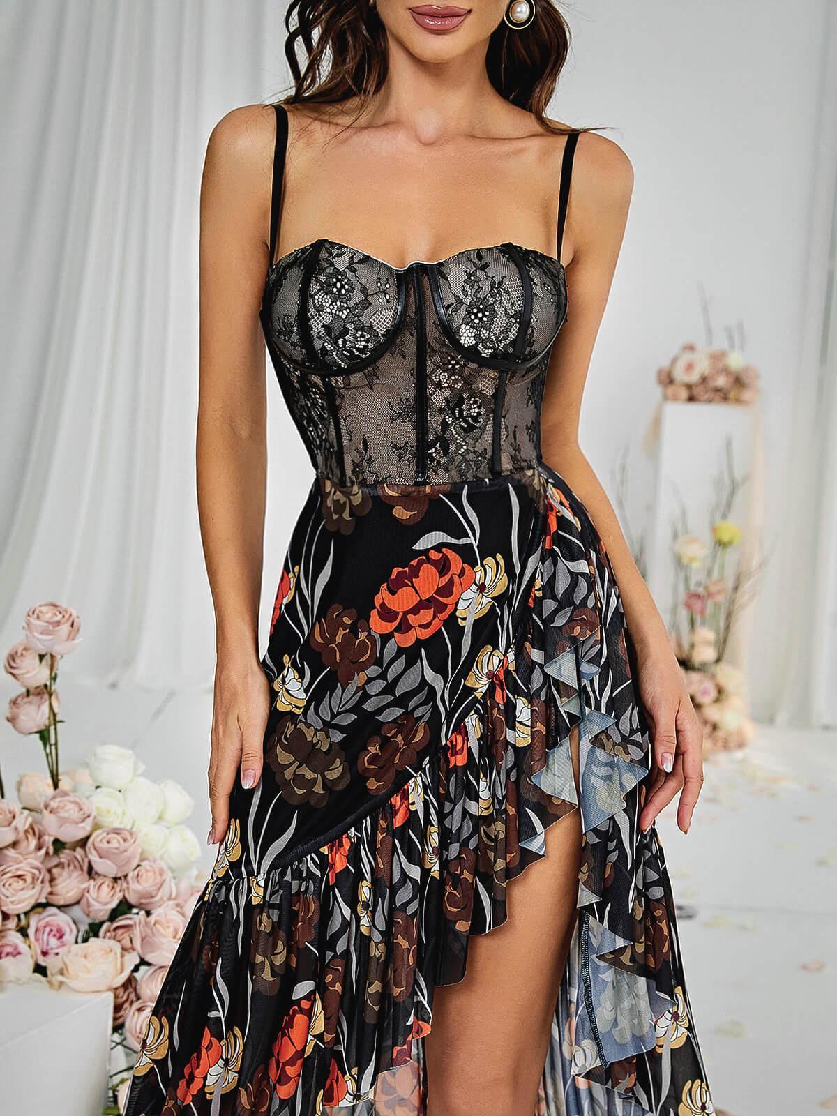 Floral Print Lace Bustier Spaghetti Strap High Low Midi Dress