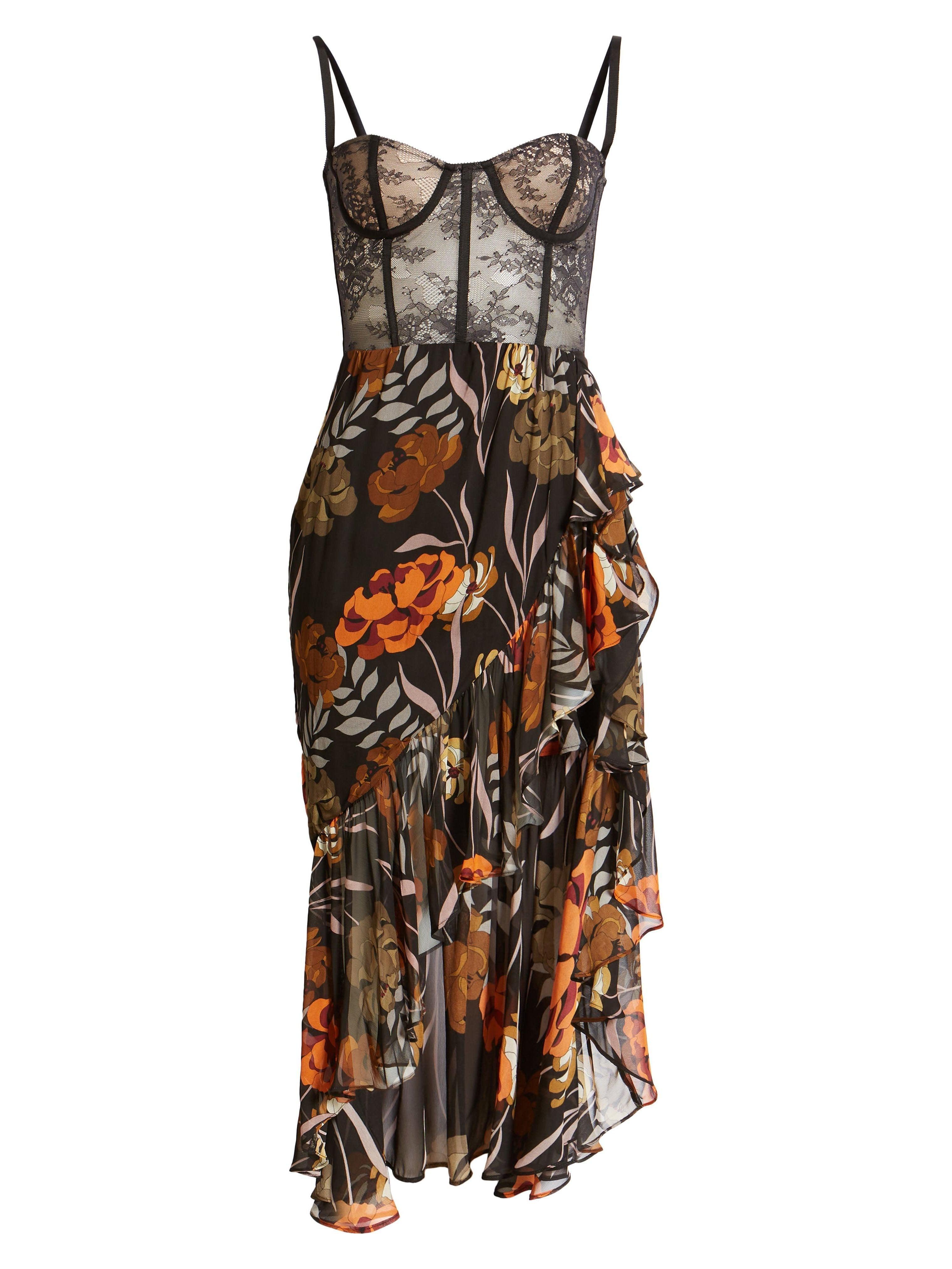 Floral Print Lace Bustier Spaghetti Strap High Low Midi Dress