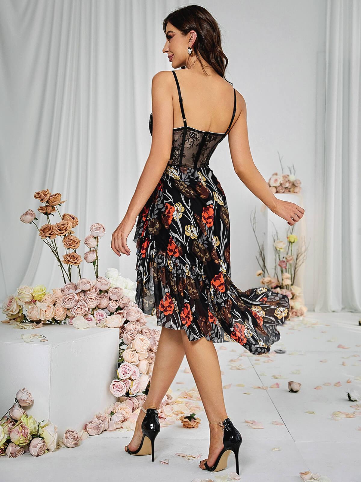 Floral Print Corset Spaghetti Strap High Low Midi Dress
