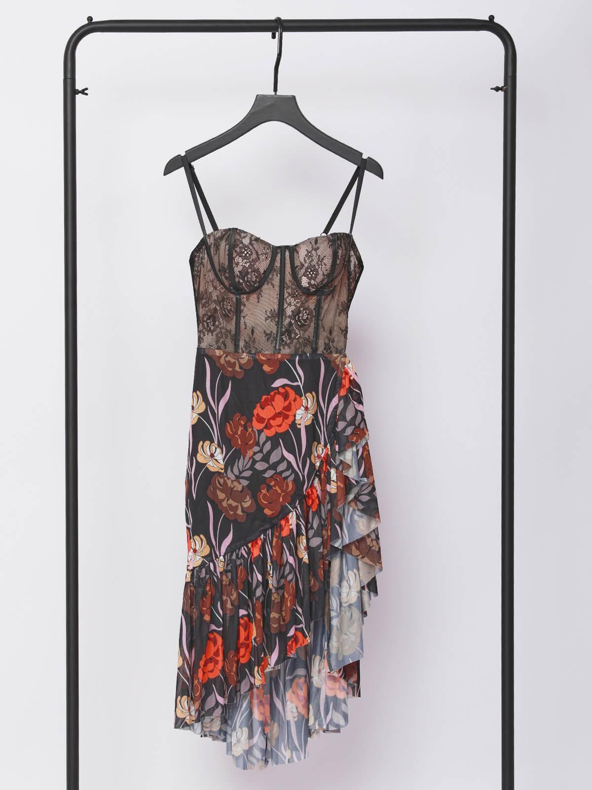 Floral Print Lace Bustier Spaghetti Strap High Low Midi Dress