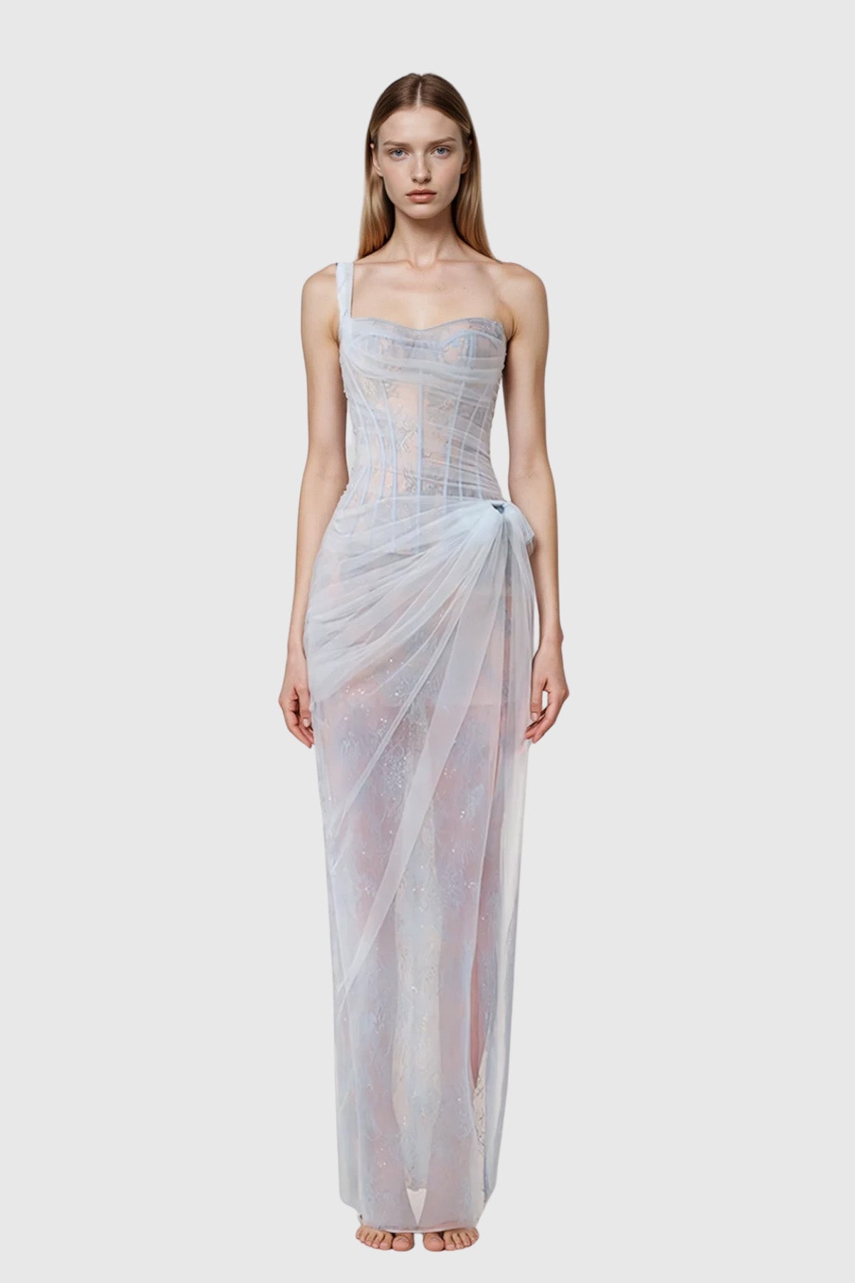 Dechen One Shoulder Corset Mesh Maxi Dress In Blue 3