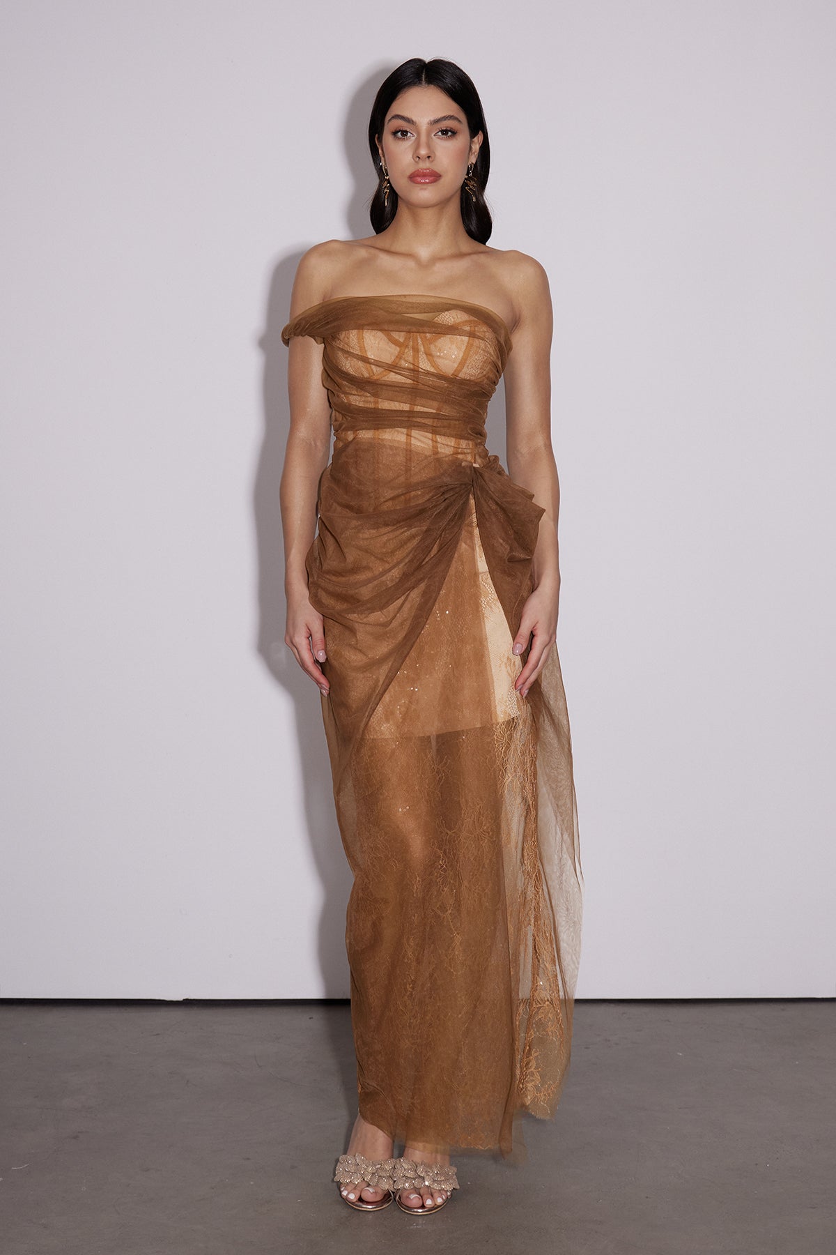 Dechen One Shoulder Corset Mesh Maxi Dress In Brown