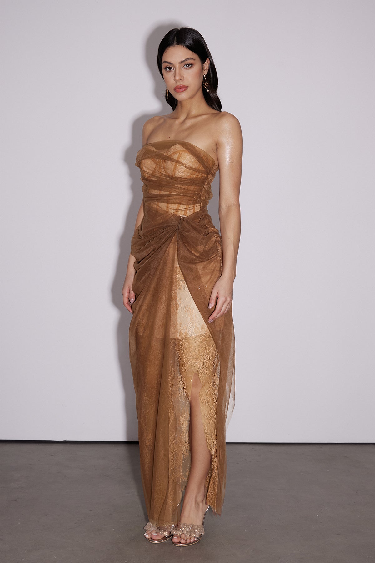 Dechen One Shoulder Corset Mesh Maxi Dress In Brown 3