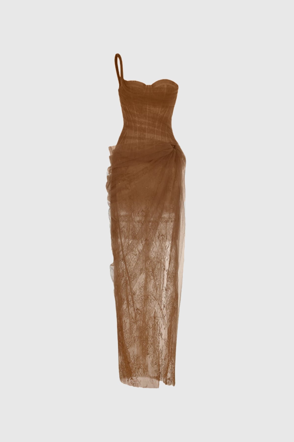 Dechen One Shoulder Corset Mesh Maxi Dress In Brown 6