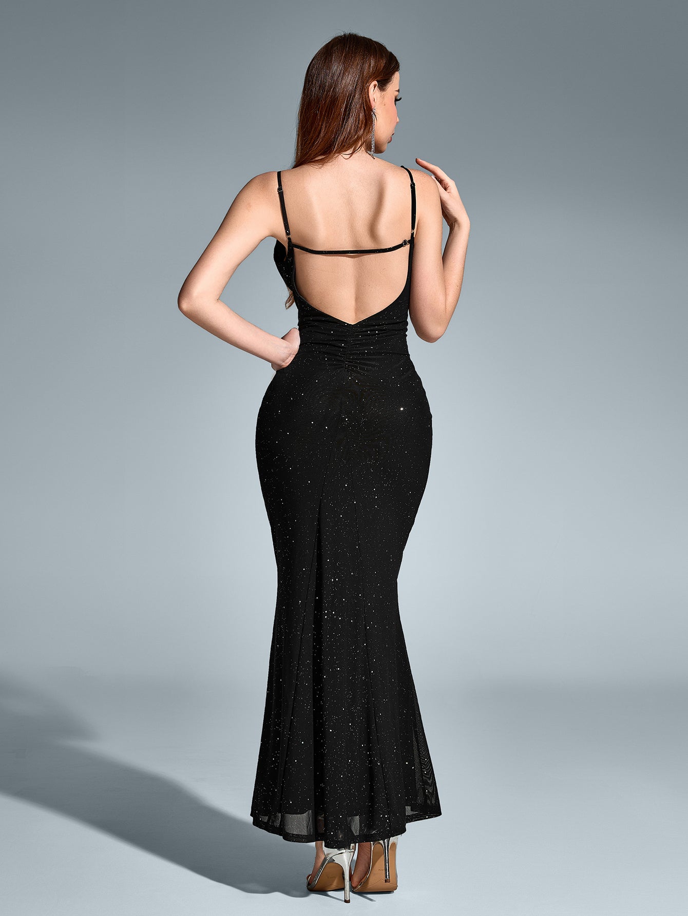 Deep V-Neck Backless Mermaid Mesh Sequin Dress - View 2