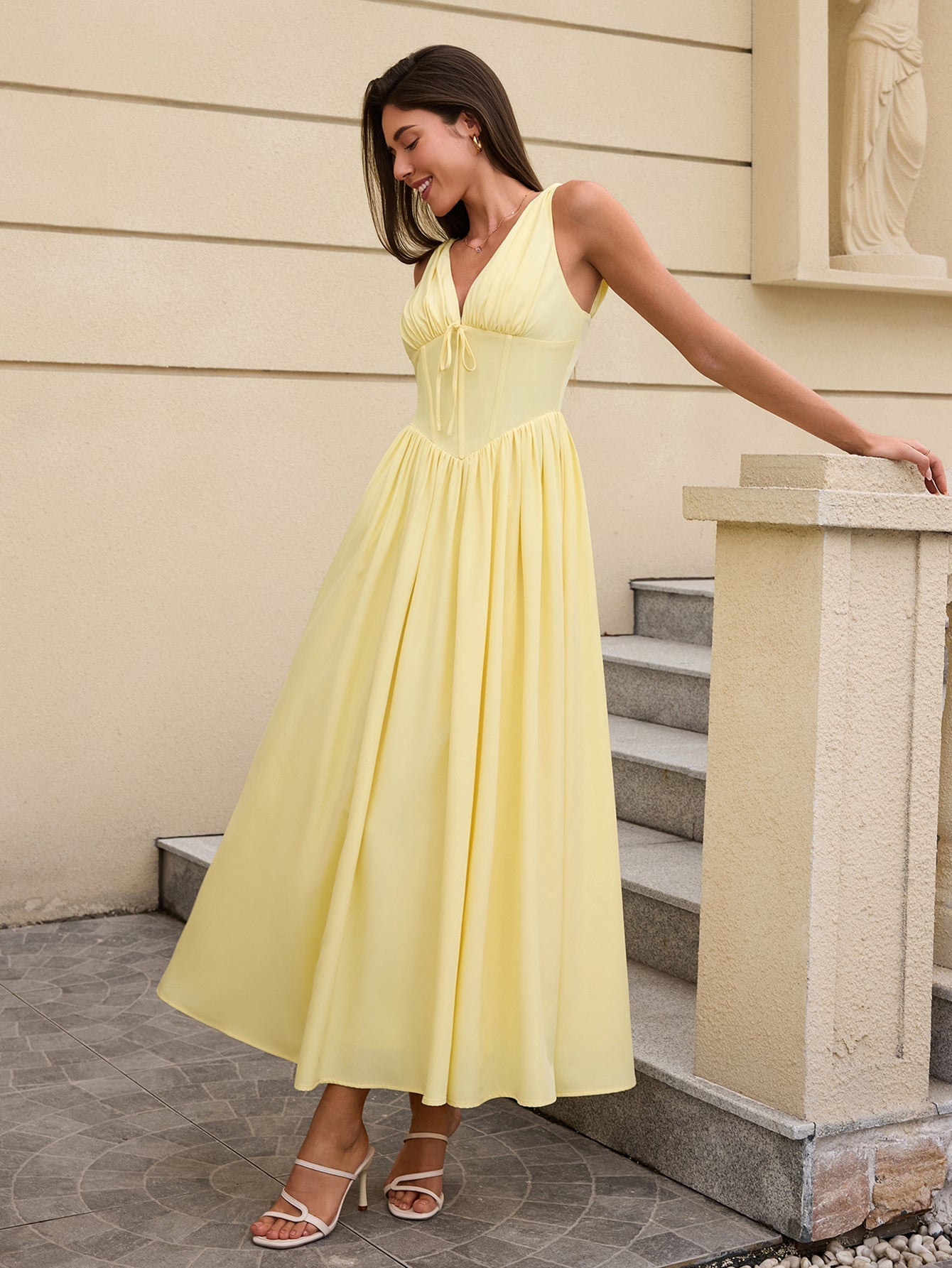 Deep V-Neck Bow Tie Ruched Fit and Flare Midi Dress