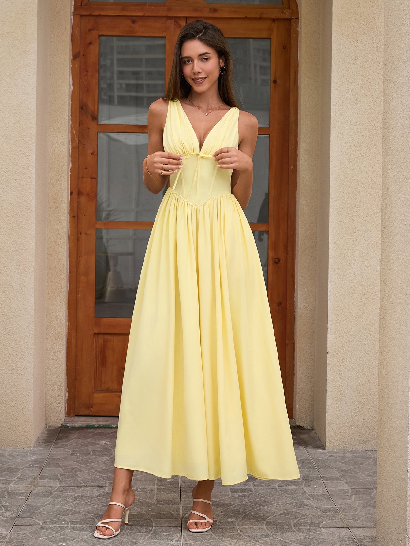 Deep V-Neck Bow Tie Ruched Fit and Flare Midi Dress
