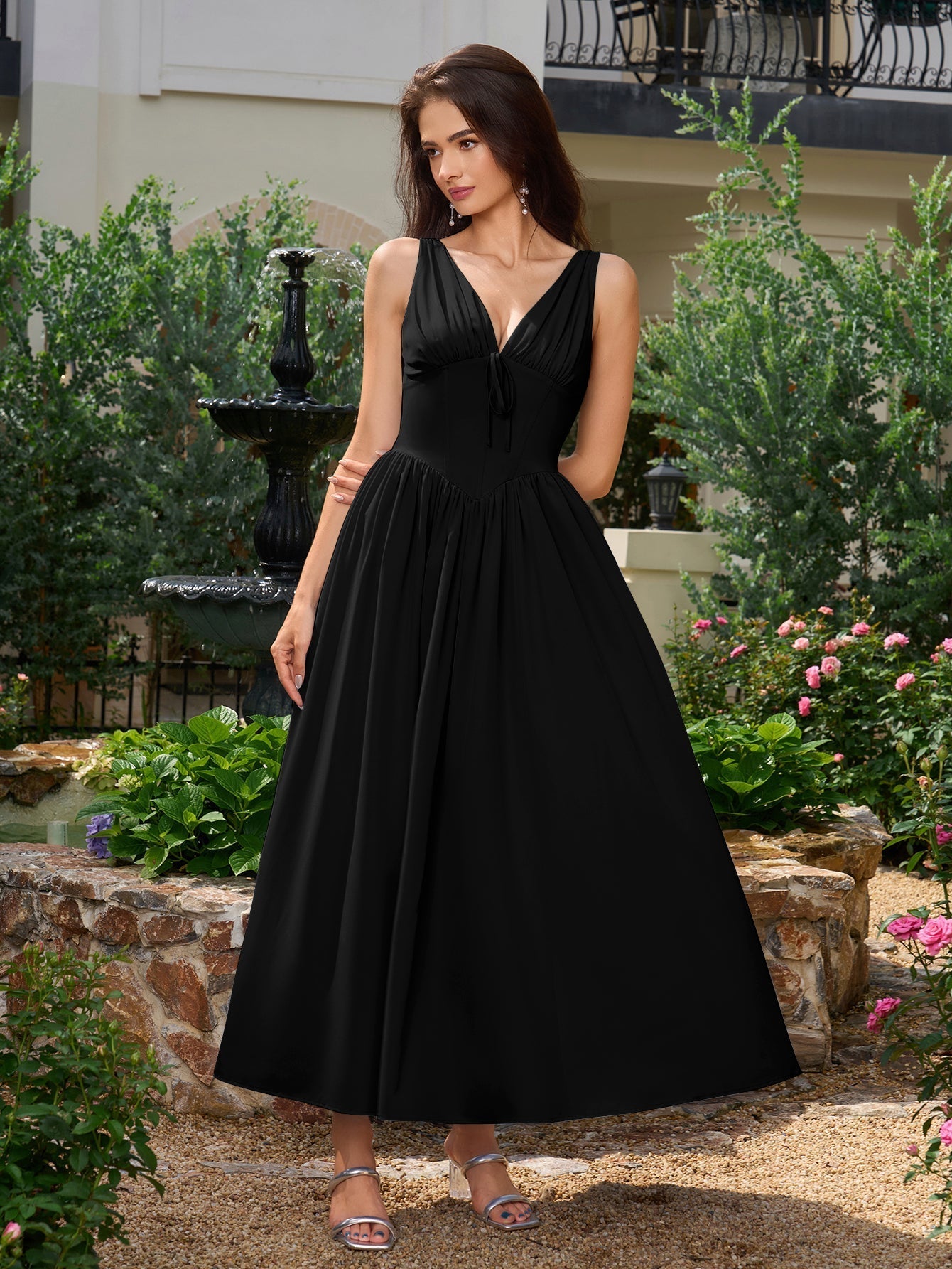 Deep V-Neck Bow Tie Ruched Fit and Flare Midi Dress