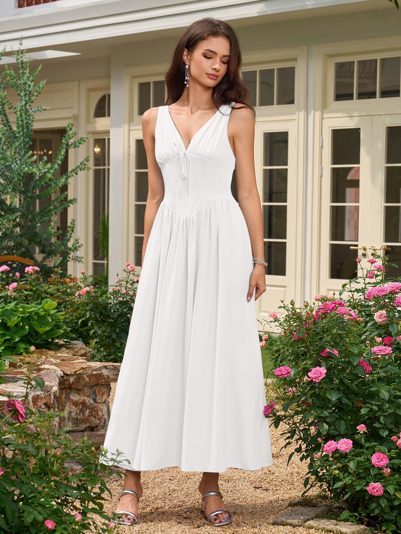 Deep V-Neck Bow Tie Ruched Corset Dress with Pockets