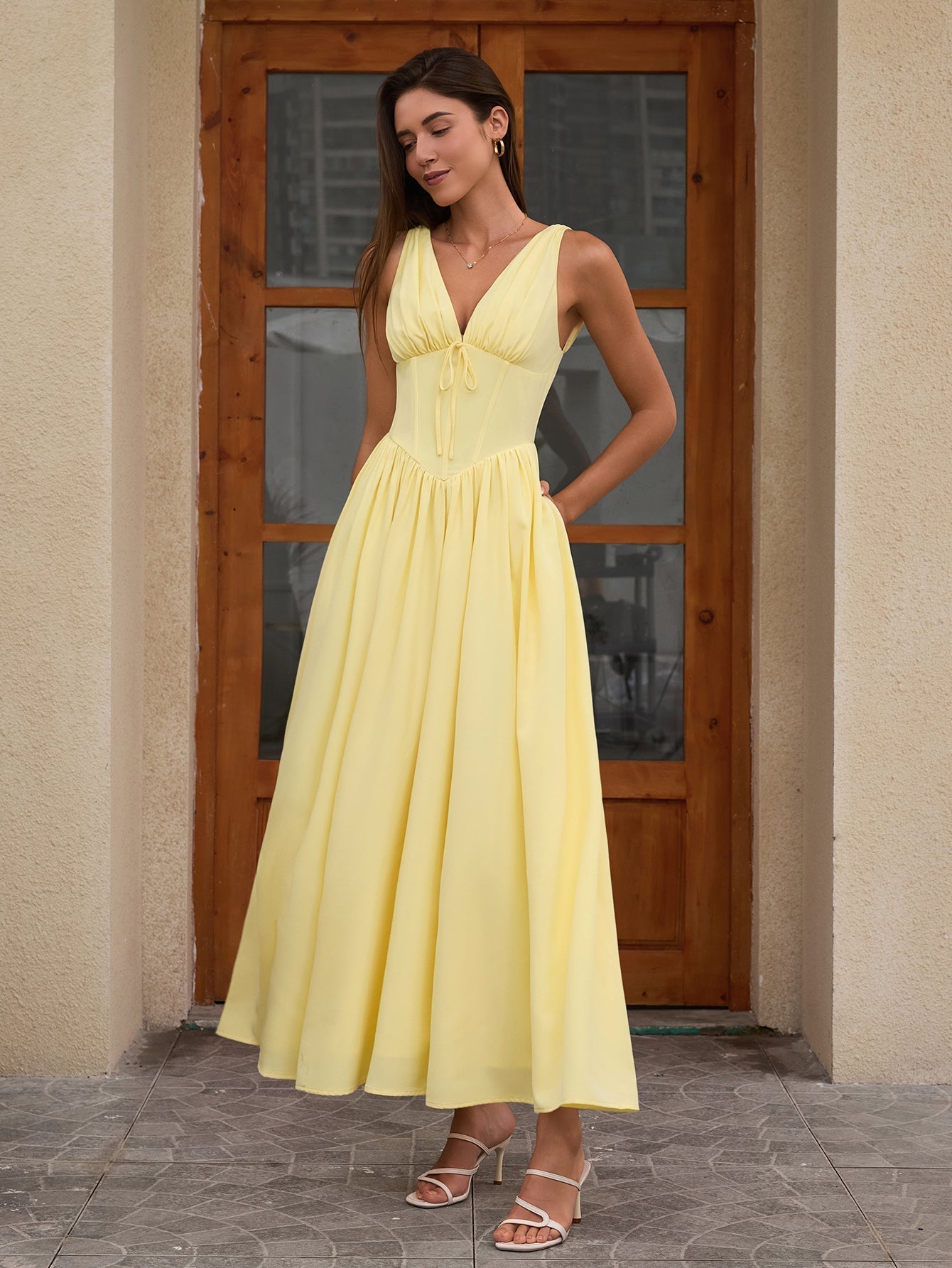 Deep V-Neck Bow Tie Ruched Fit and Flare Midi Dress