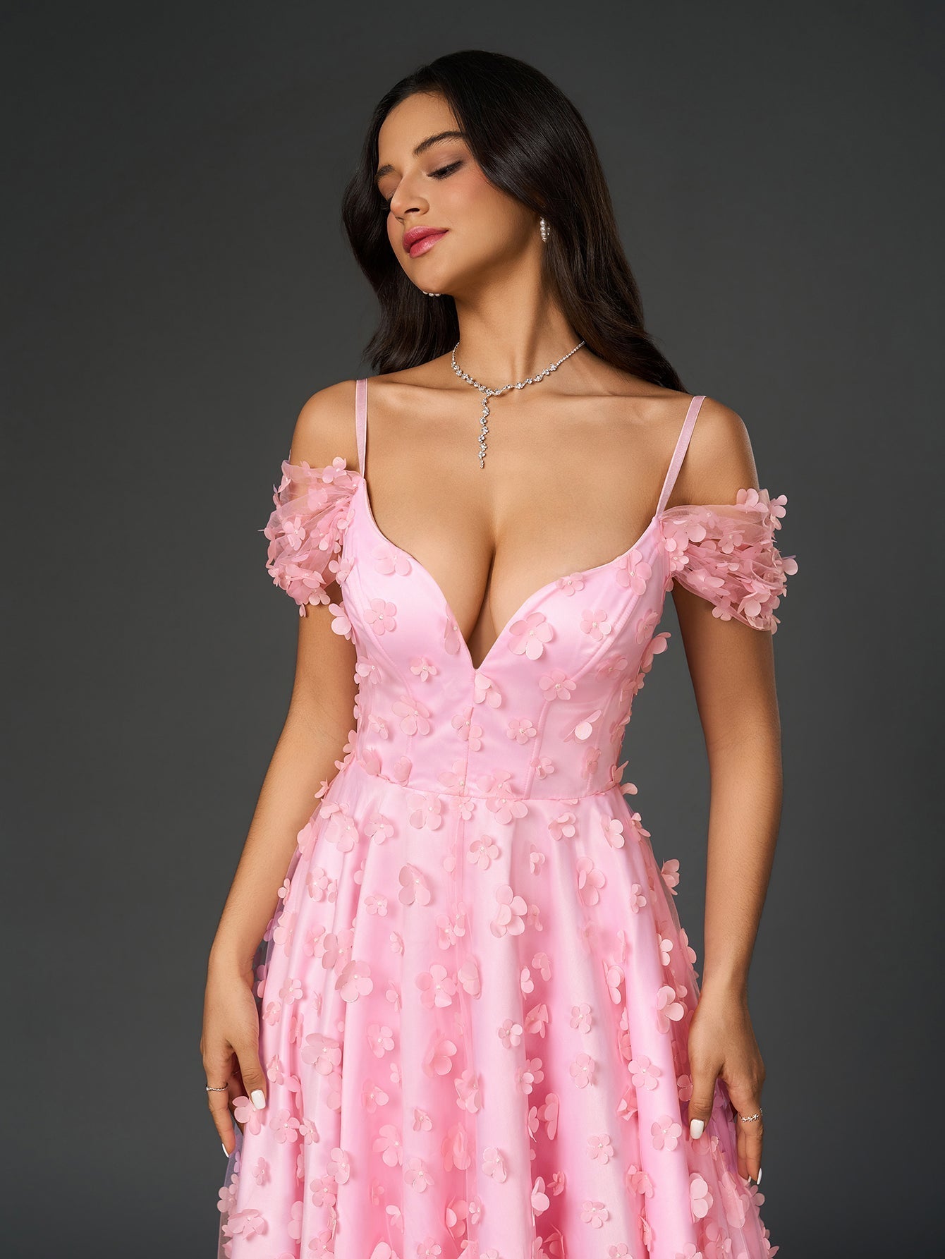 Off Shoulder Deep V-Neck 3D Floral A-Line Maxi Prom Dress