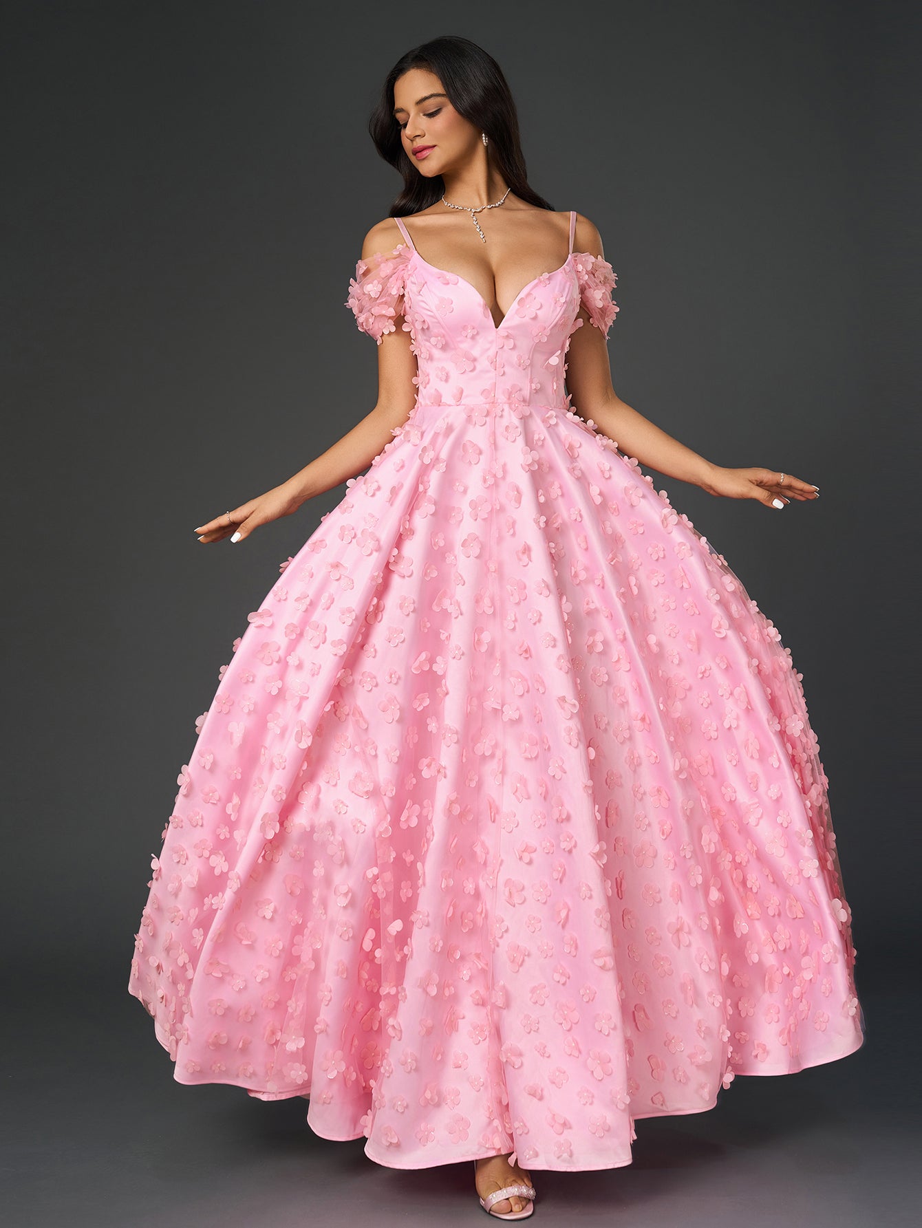 Off Shoulder Deep V-Neck 3D Floral A-Line Maxi Prom Dress
