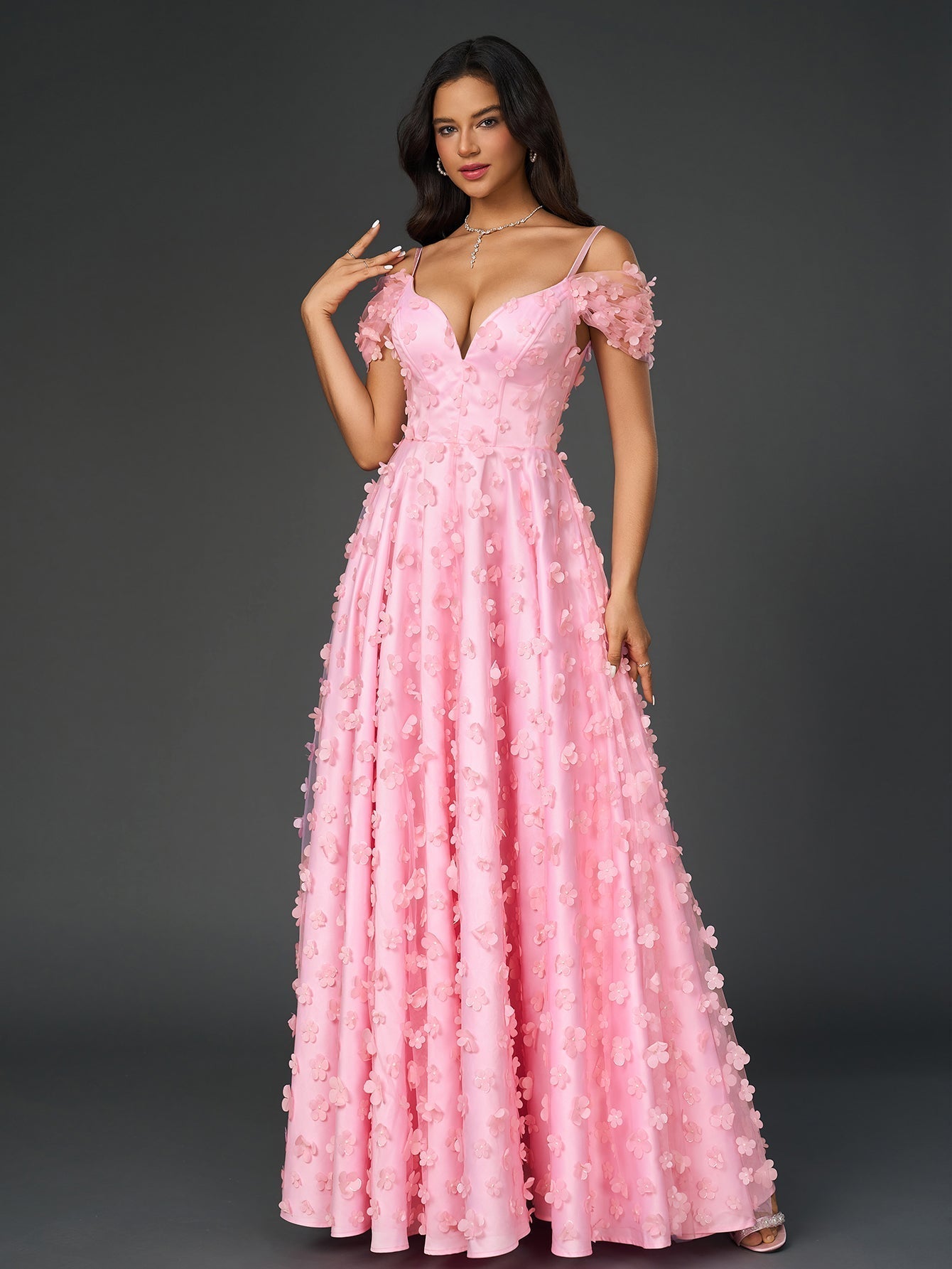 Off Shoulder Deep V-Neck 3D Floral A-Line Maxi Prom Dress