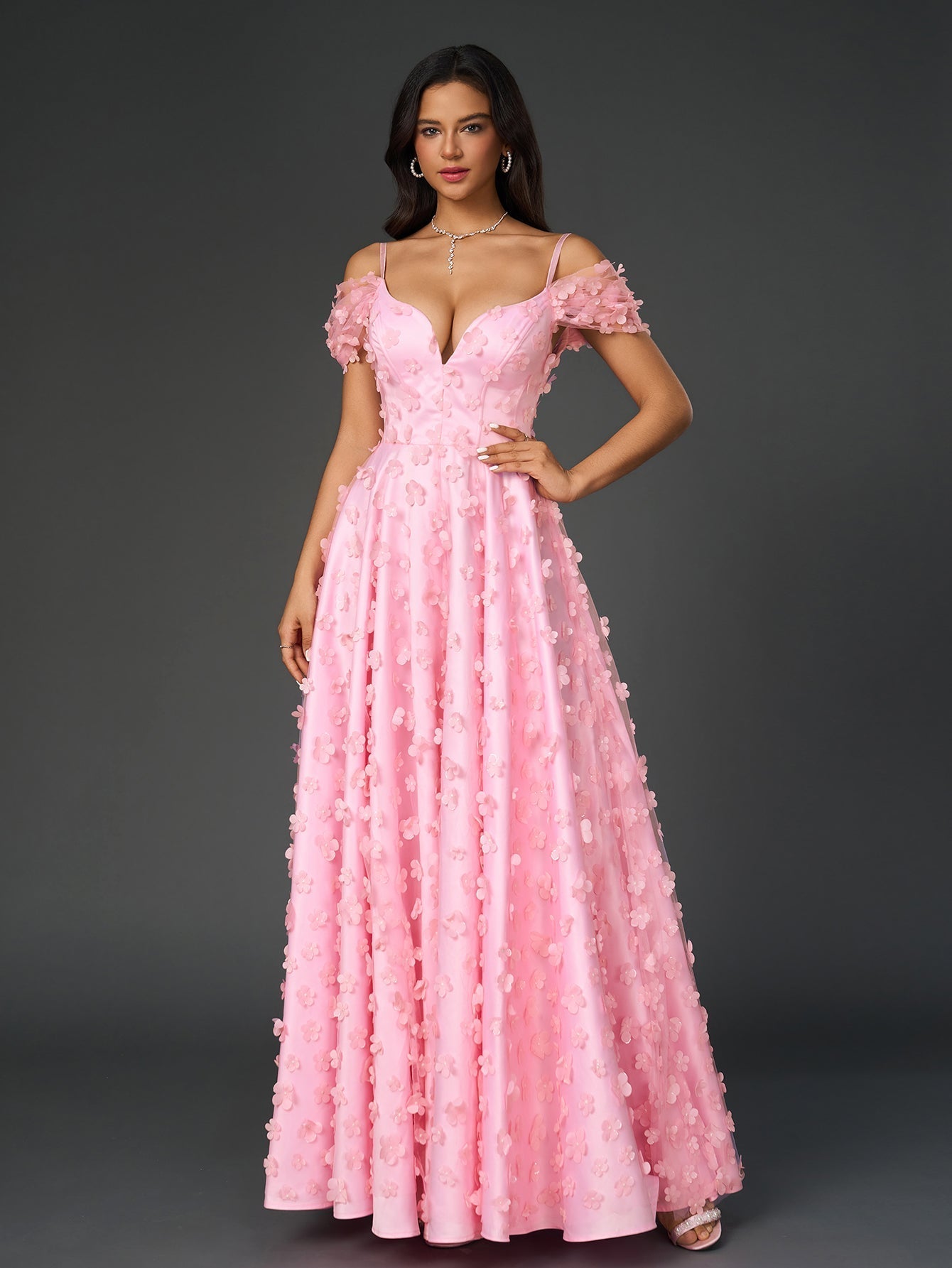 Off Shoulder Deep V-Neck 3D Floral A-Line Maxi Prom Dress