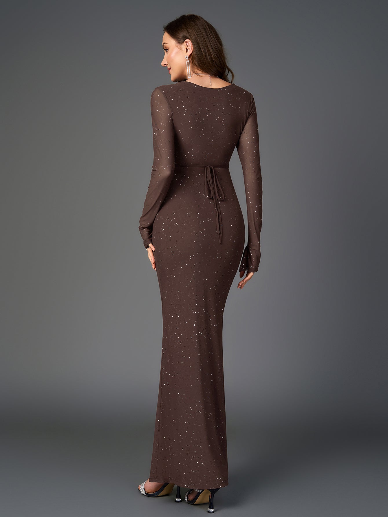 Deep V-Neck Crisscross Tie Front Glitter Bodycon Dress - View 6