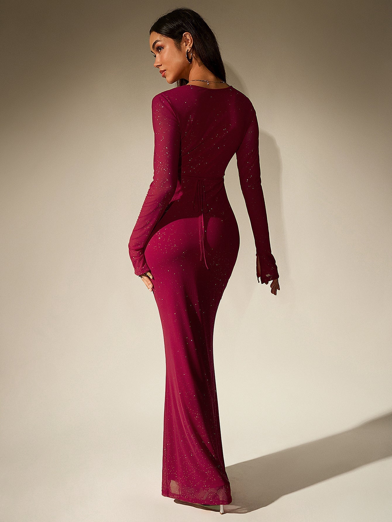 Deep V-Neck Crisscross Tie Front Glitter Bodycon Dress - View 17