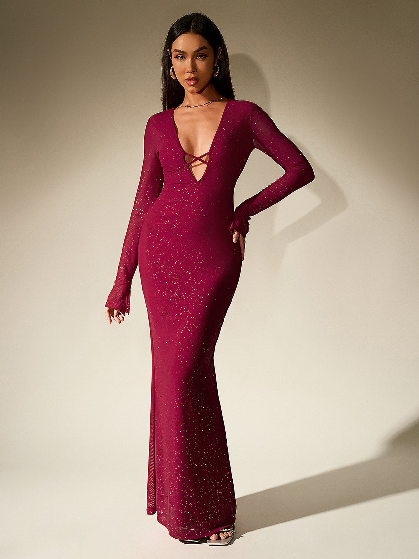 Deep V-Neck Crisscross Tie Front Glitter Bodycon Dress - View 2