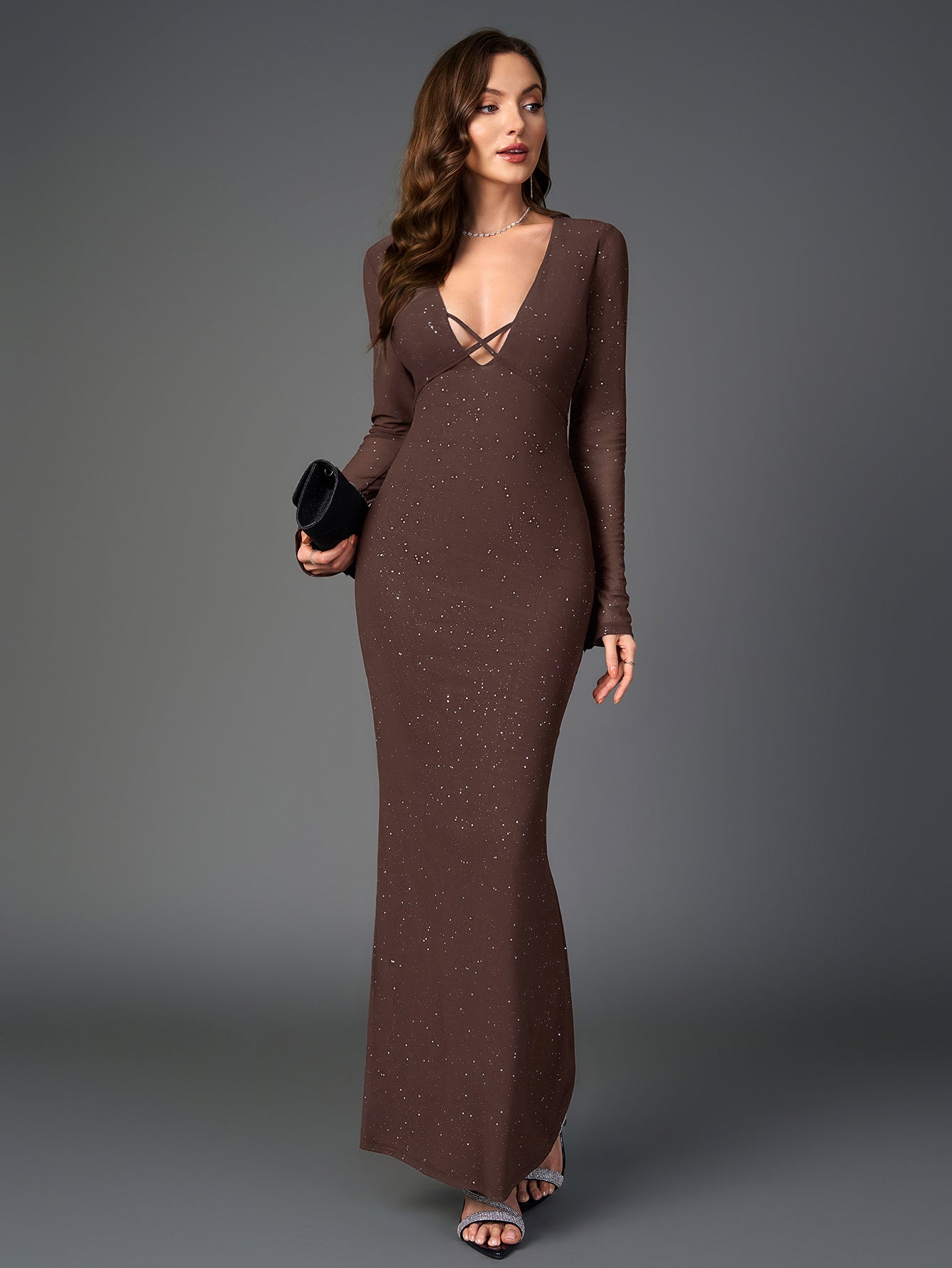 Deep V-Neck Crisscross Tie Front Glitter Bodycon Dress - View 7
