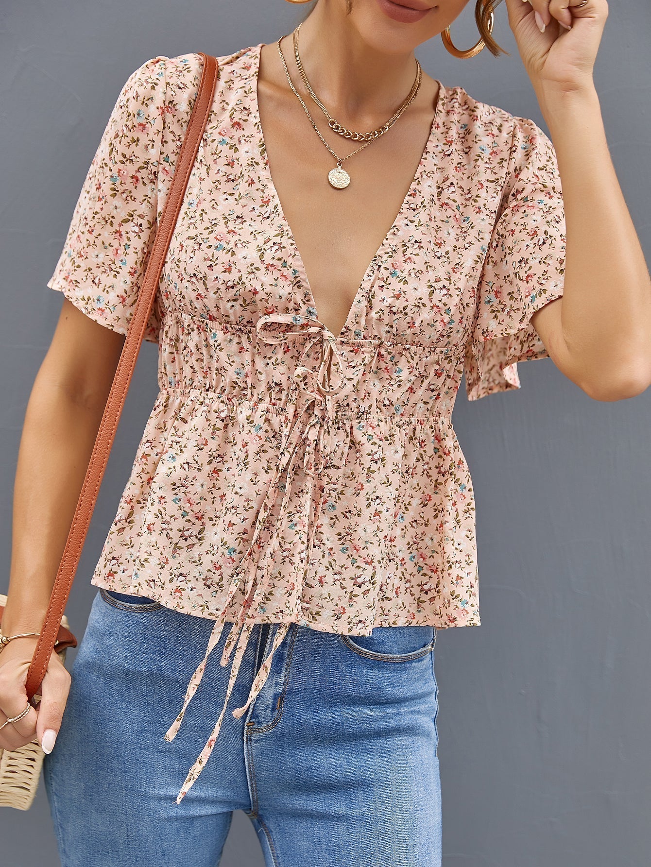 Deep V Neck Ditsy Floral Drawstring Top
