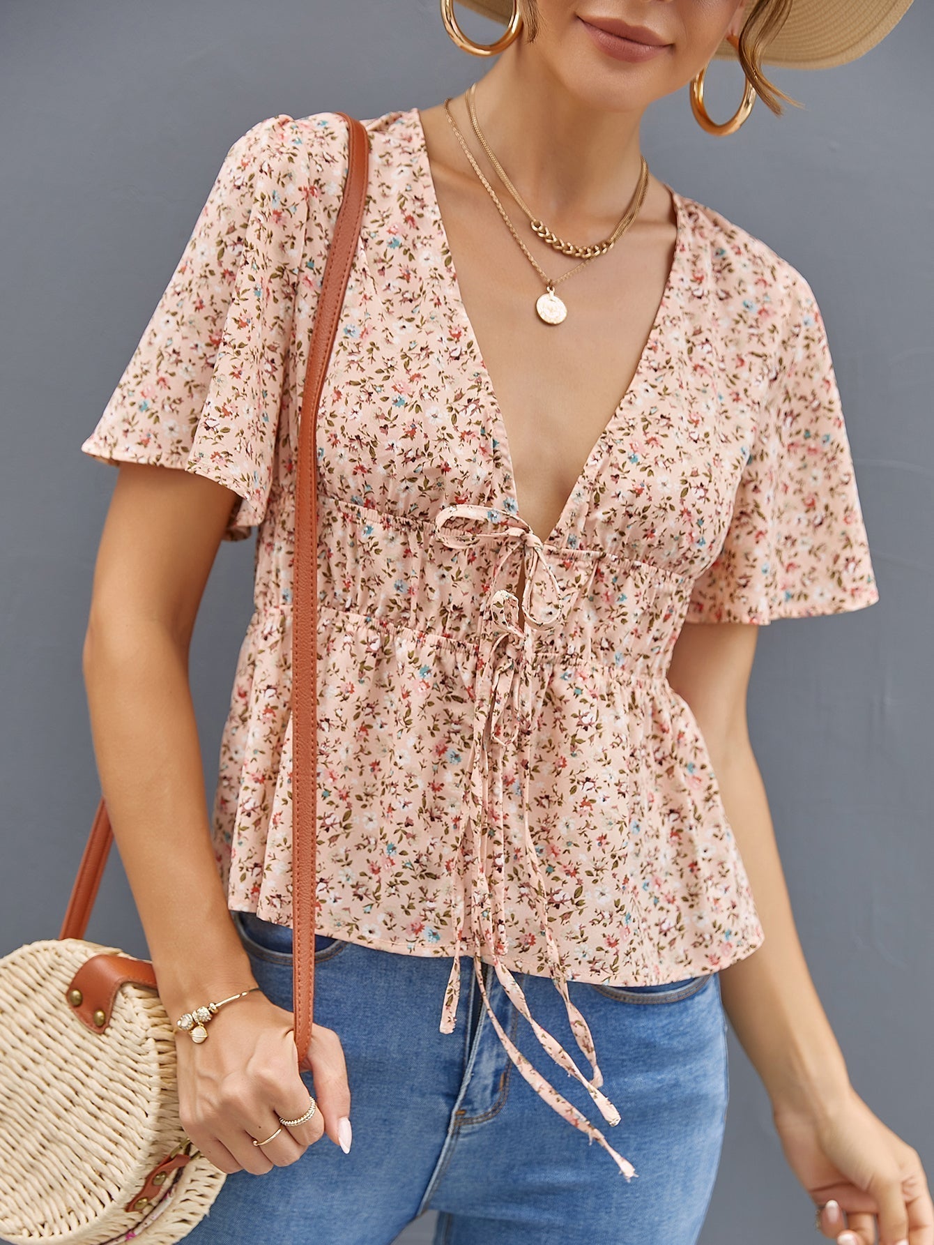 Deep V Neck Ditsy Floral Drawstring Top