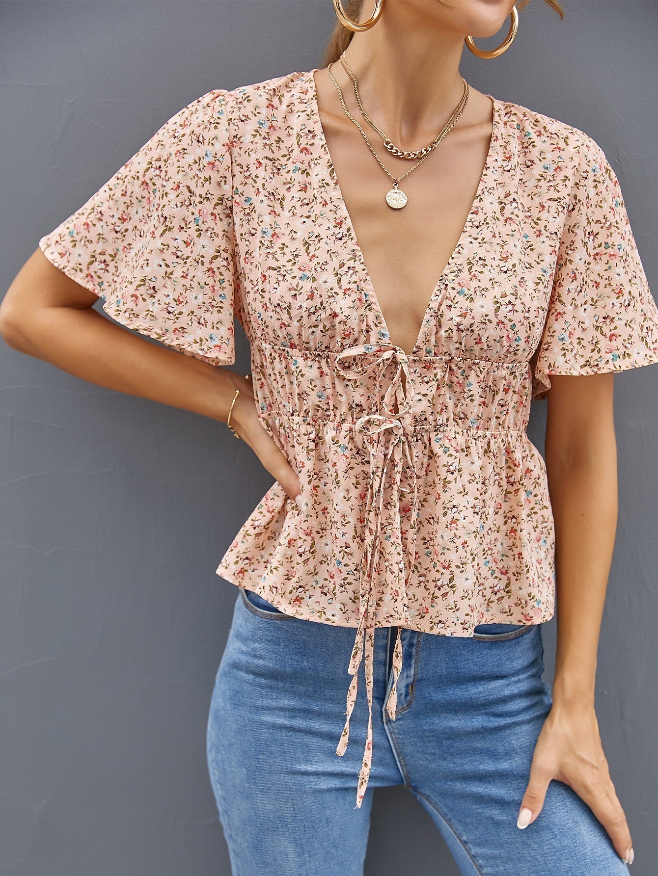 Deep V Neck Ditsy Floral Drawstring Top