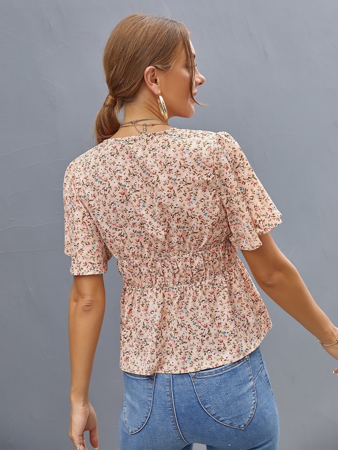 Deep V Neck Ditsy Floral Drawstring Top