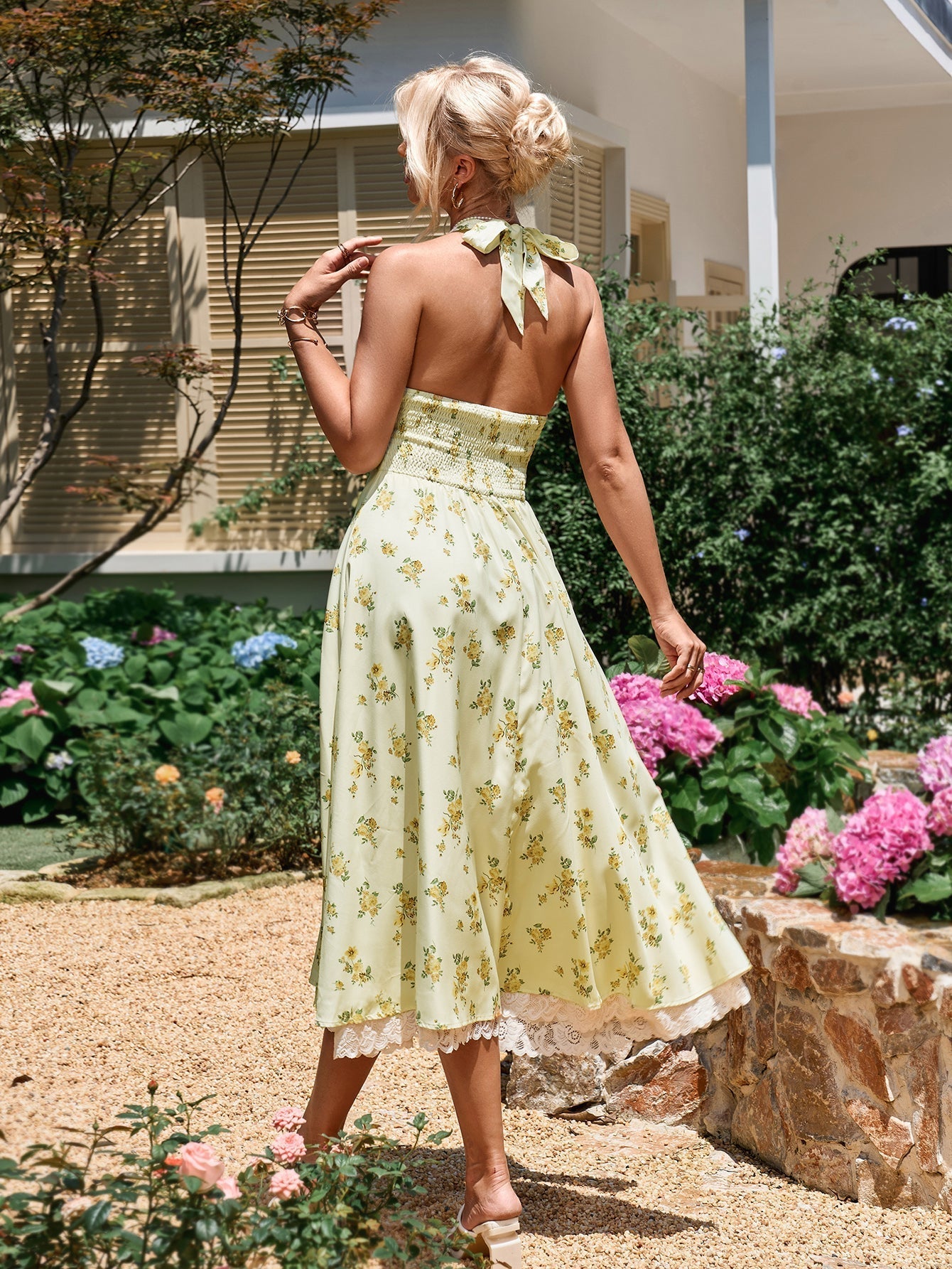 Floral Halter Neck Deep V-Neck Lace Trim Fit and Flare Midi Dress