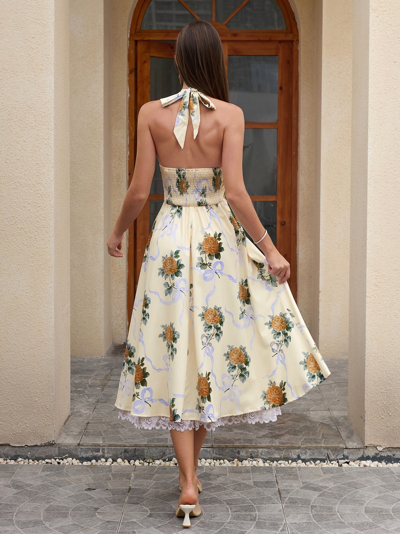 Floral Halter Neck Deep V-Neck Lace Trim Fit and Flare Midi Dress