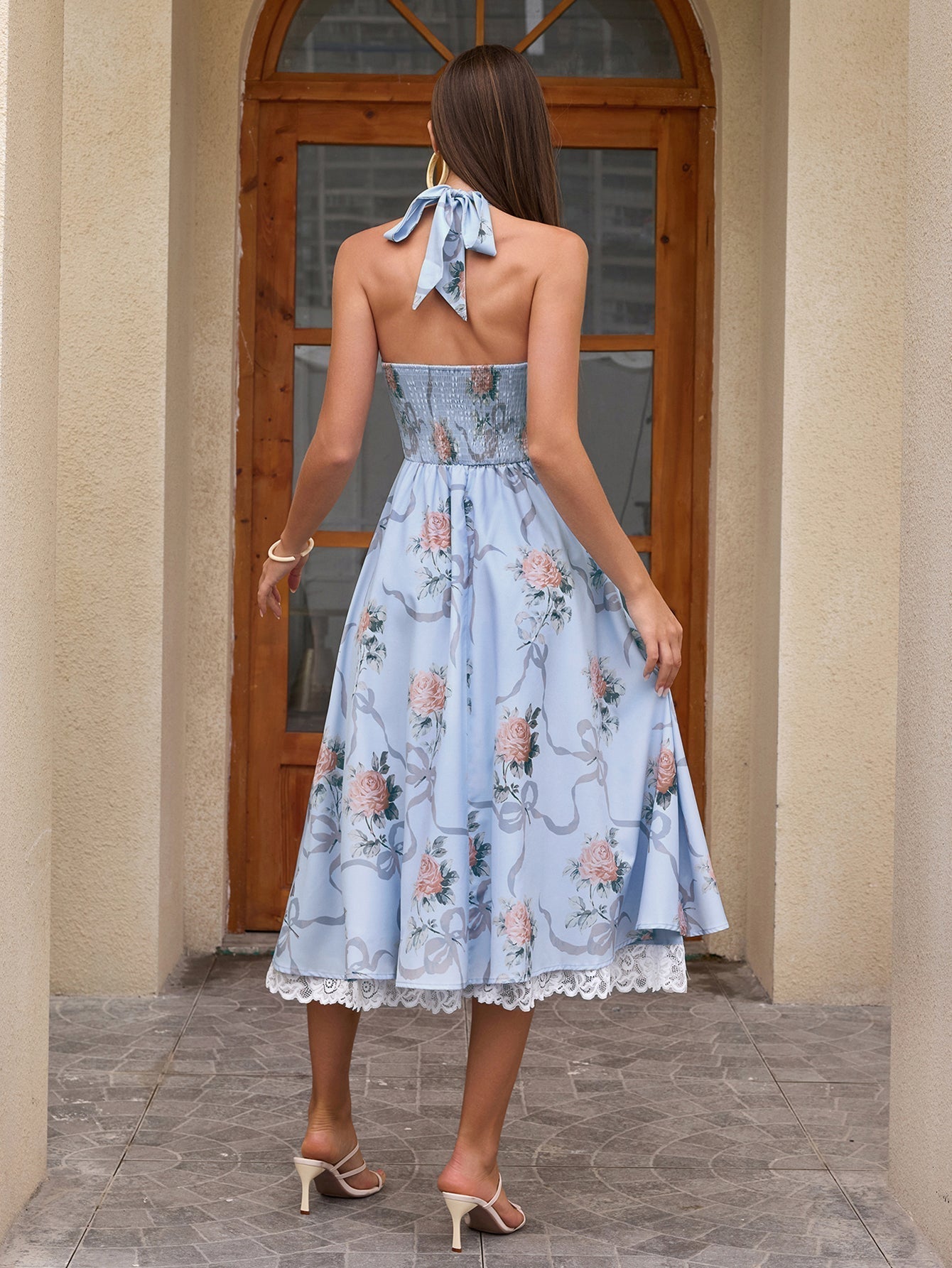 Floral Halter Neck Deep V-Neck Lace Trim Fit and Flare Midi Dress