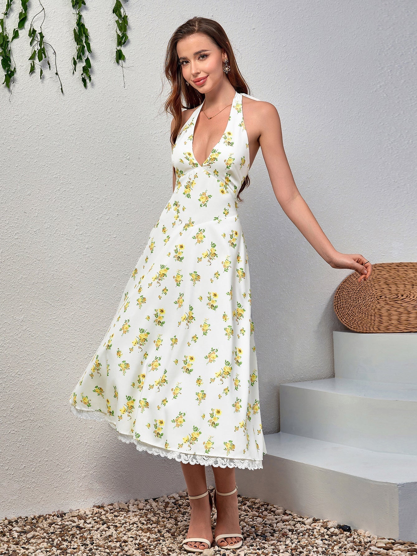 Floral Halter Neck Deep V-Neck Lace Trim Fit and Flare Midi Dress