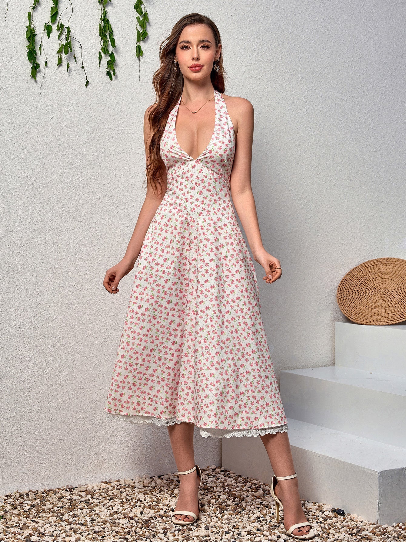 Floral Halter Neck Deep V-Neck Lace Trim Fit and Flare Midi Dress