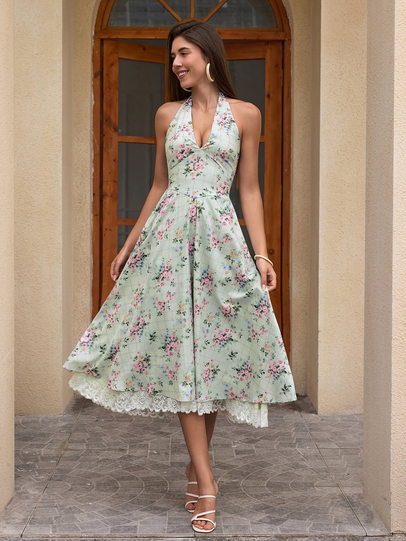 Floral Halter Neck Deep V-Neck Lace Trim Fit and Flare Midi Dress