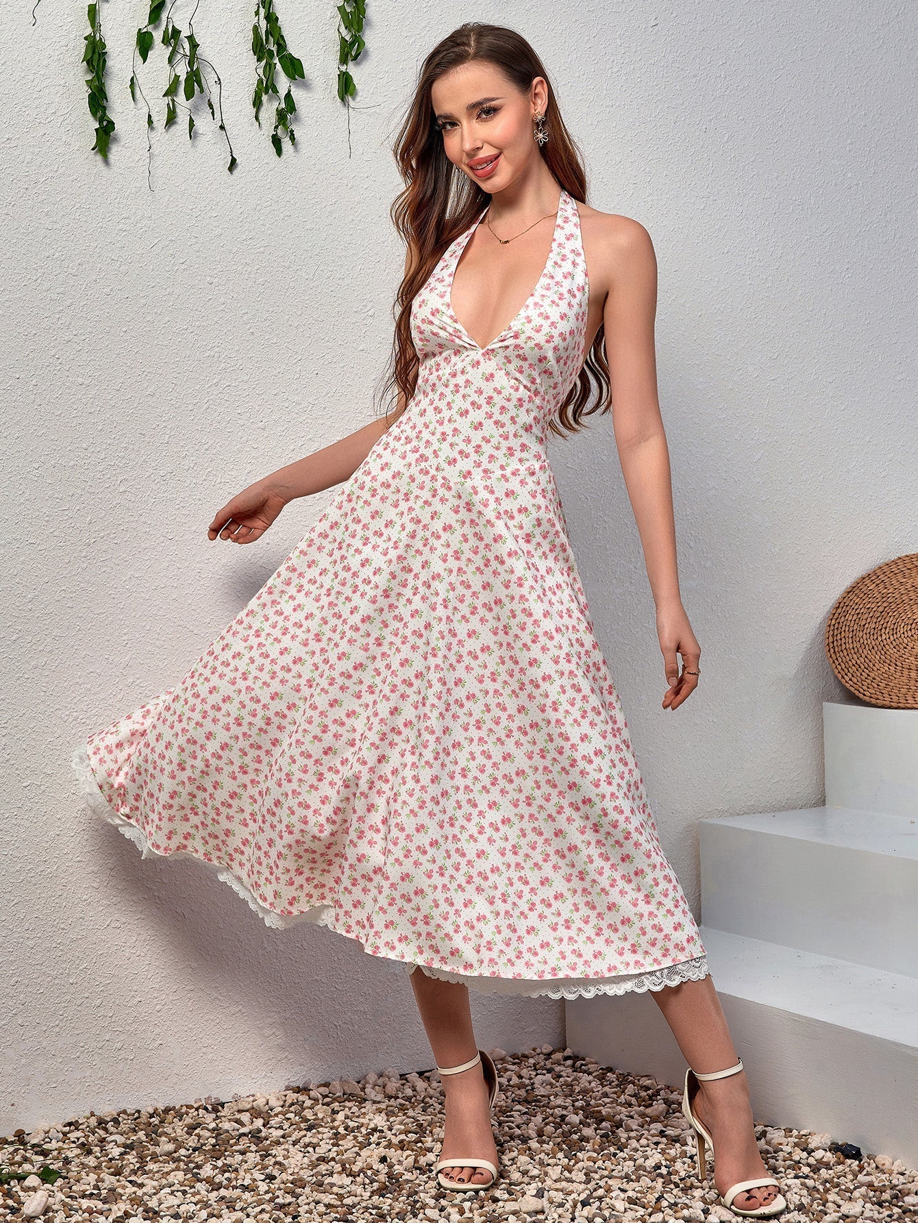 Floral Halter Neck Deep V-Neck Lace Trim Fit and Flare Midi Dress